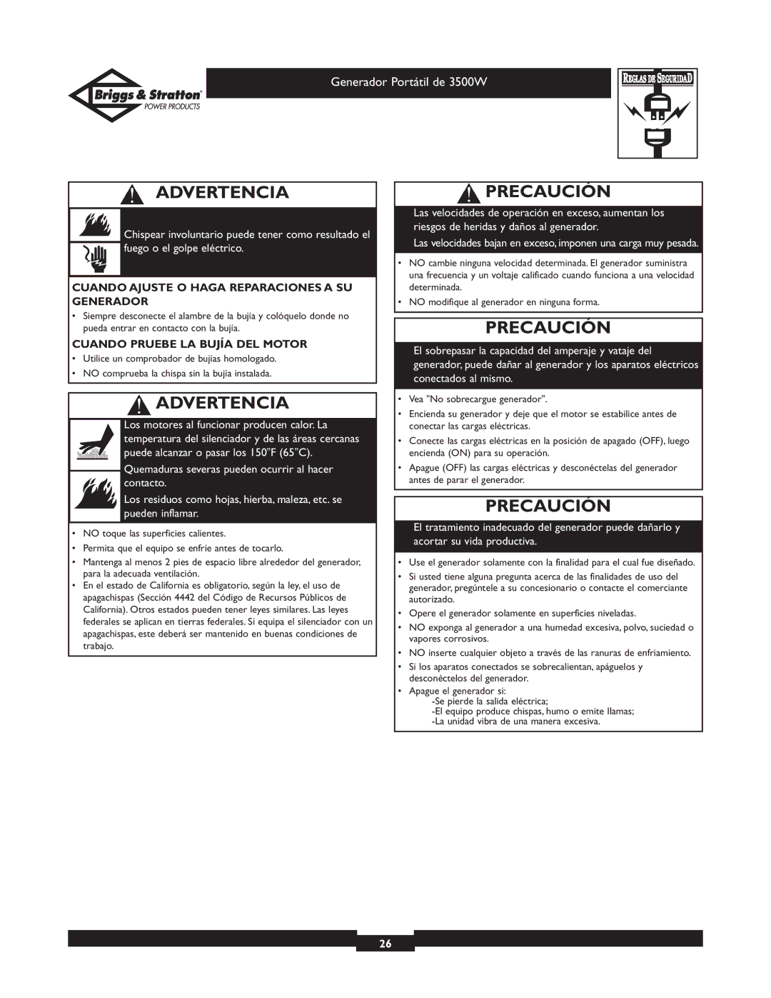 Briggs & Stratton 030208 Precaución, Cuando Ajuste O Haga Reparaciones a SU Generador, Cuando Pruebe LA Bujía DEL Motor 