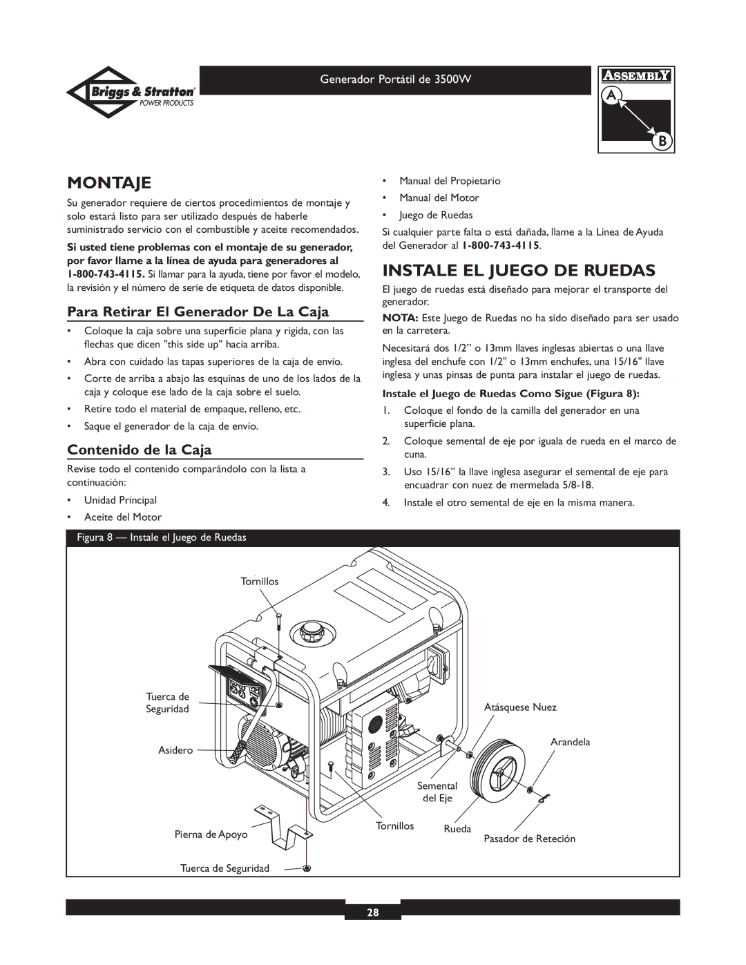 Briggs & Stratton 030208 Montaje, Instale EL Juego DE Ruedas, Para Retirar El Generador De La Caja, Contenido de la Caja 