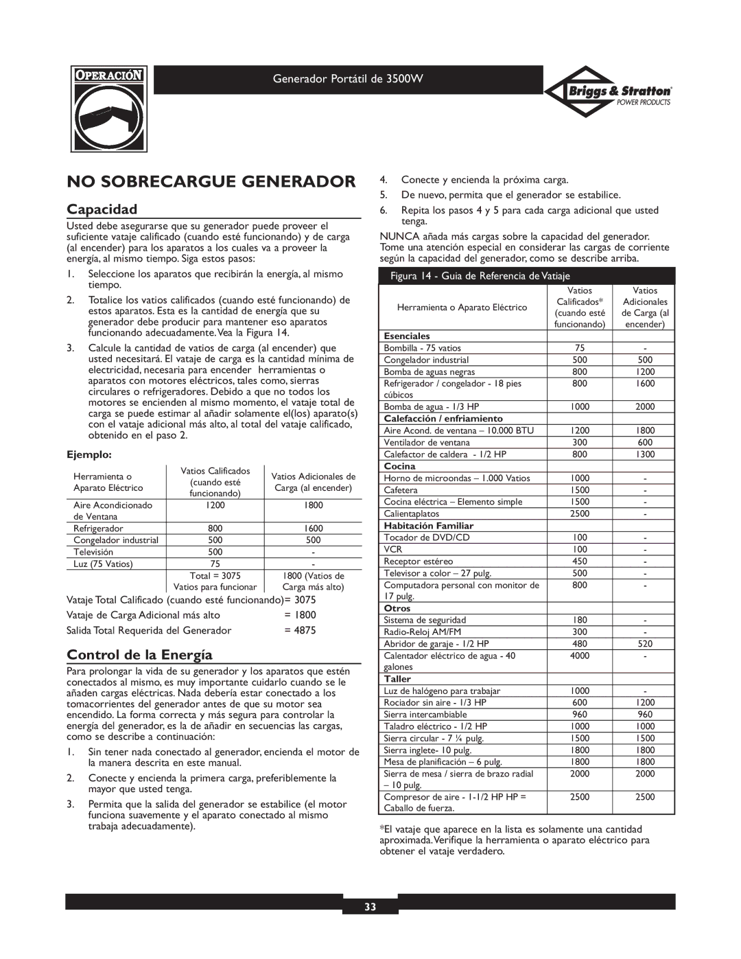 Briggs & Stratton 030208 owner manual No Sobrecargue Generador, Capacidad, Control de la Energía, Ejemplo 