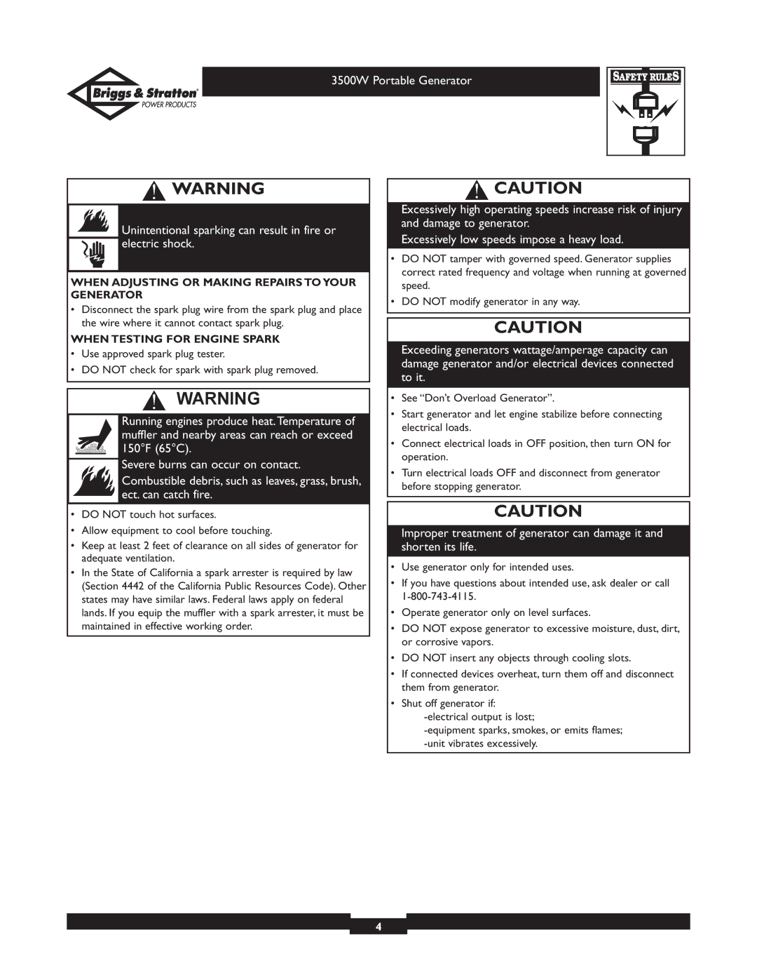 Briggs & Stratton 030208 owner manual When Adjusting or Making Repairs to Your Generator, When Testing for Engine Spark 