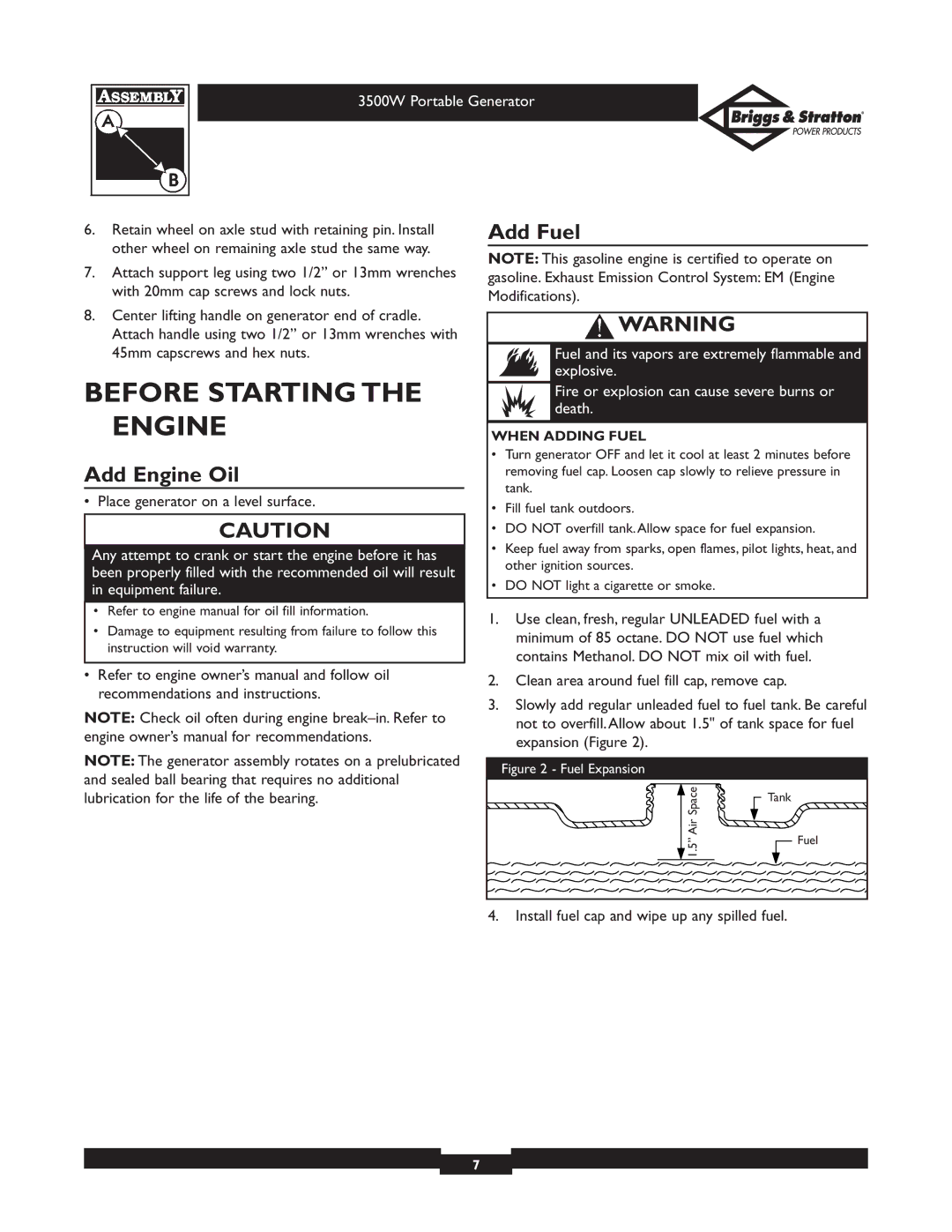 Briggs & Stratton 030208 owner manual Before Starting Engine, Add Engine Oil, Add Fuel, When Adding Fuel 