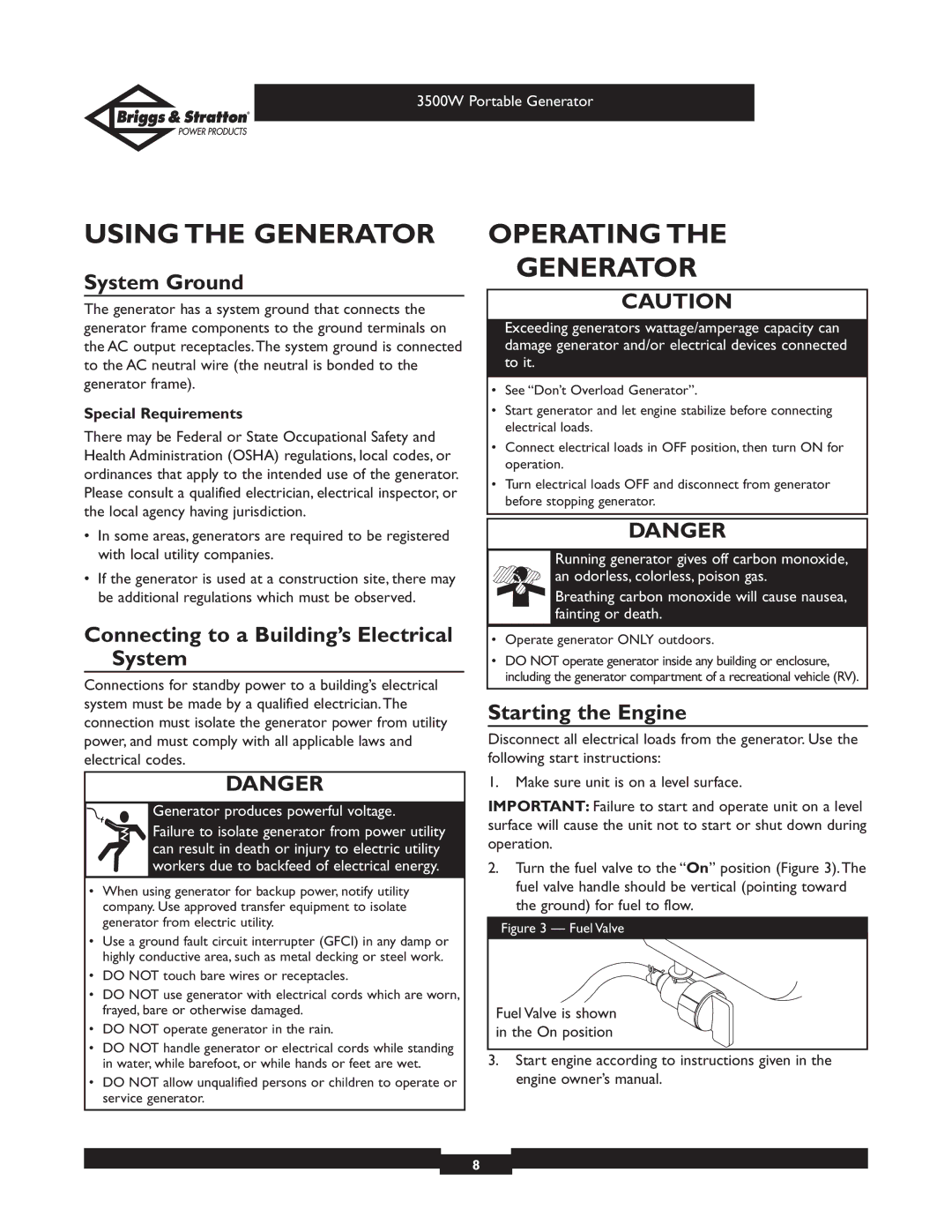 Briggs & Stratton 030208 owner manual Using the Generator, Operating Generator, System Ground, Starting the Engine 