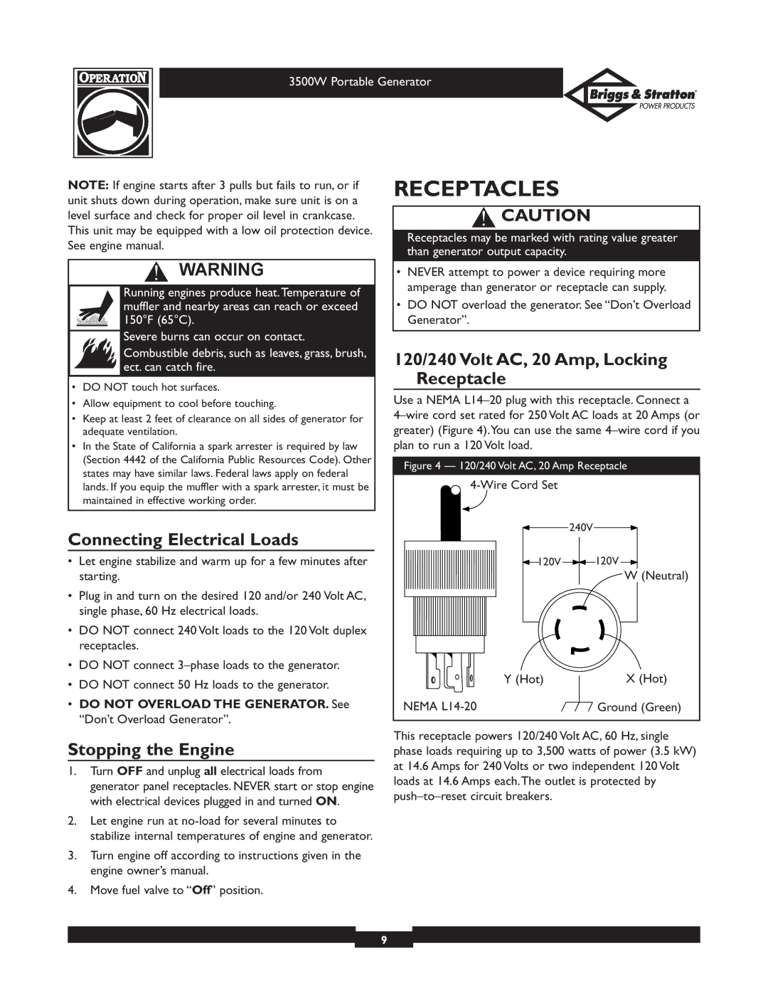 Briggs & Stratton 030208 owner manual Receptacles, Connecting Electrical Loads, 120/240 Volt AC, 20 Amp, Locking Receptacle 