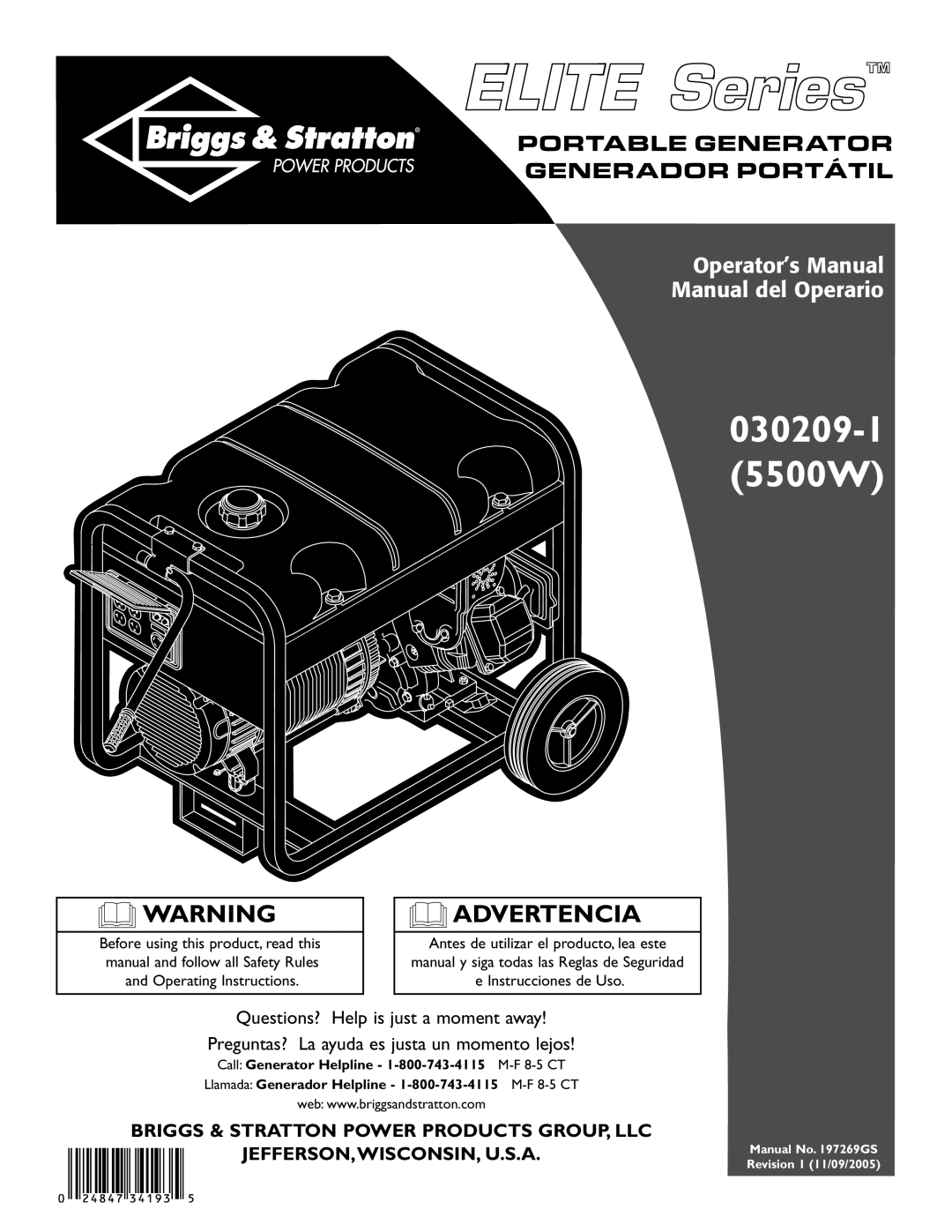 Briggs & Stratton 030209-1 operating instructions Questions? Help is just a moment away, Jefferson,Wisconsin, U.S.A 