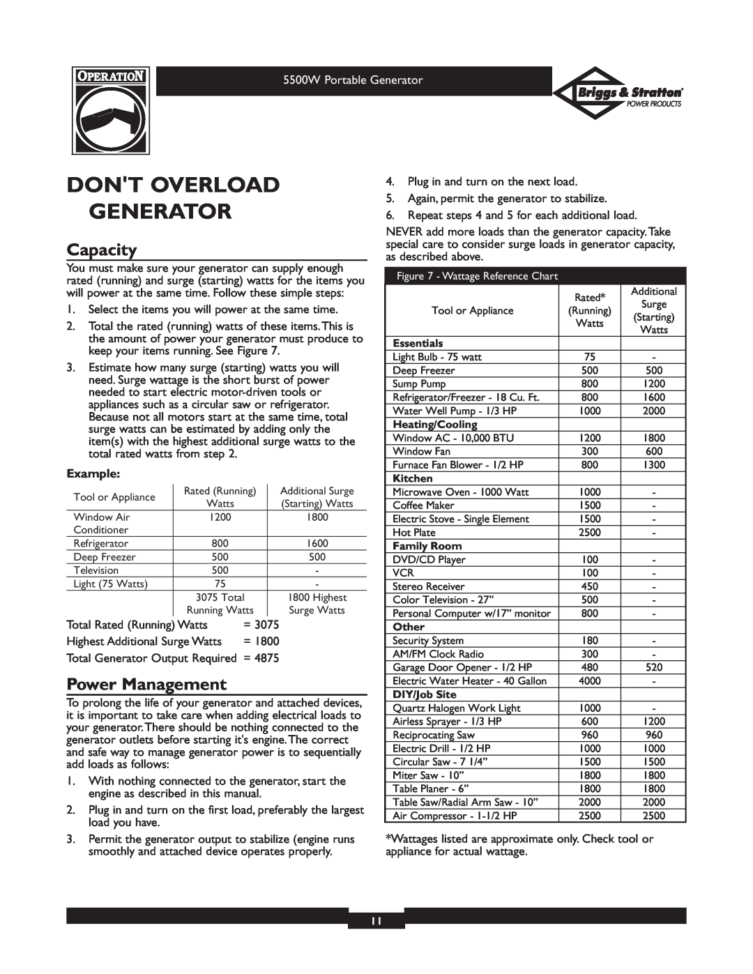 Briggs & Stratton 030209-1 operating instructions Dont Overload Generator, Capacity, Power Management 