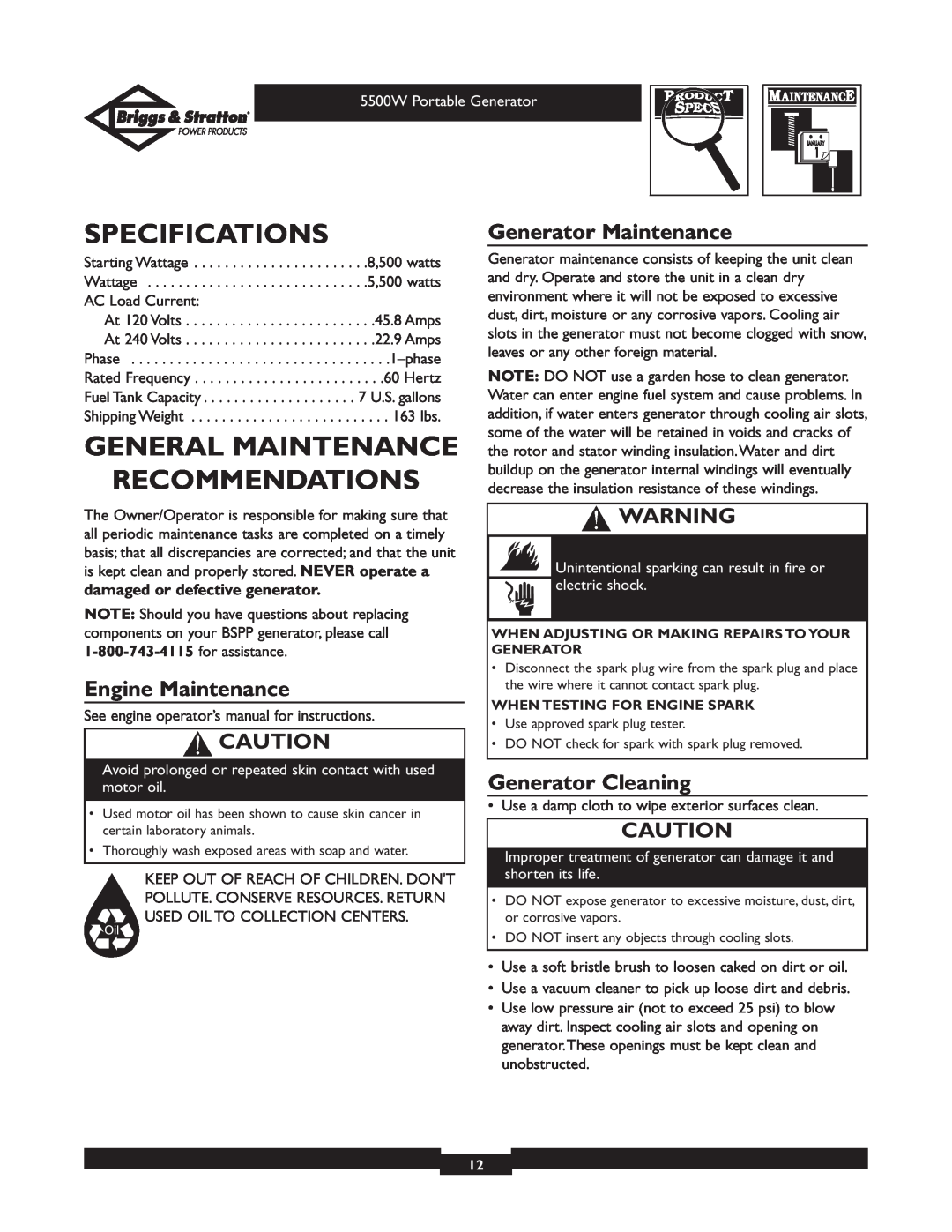Briggs & Stratton 030209-1 Specifications, General Maintenance Recommendations, Engine Maintenance, Generator Maintenance 