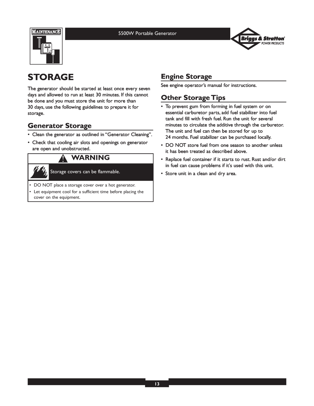 Briggs & Stratton 030209-1 operating instructions Generator Storage, Engine Storage, Other Storage Tips 