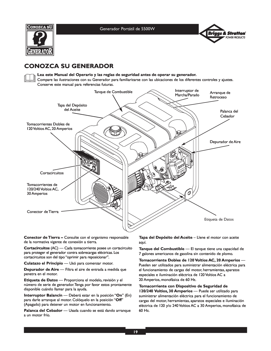 Briggs & Stratton 030209-1 operating instructions Conozca Su Generador, Tomacorriente con Dispositivo de Seguridad de 