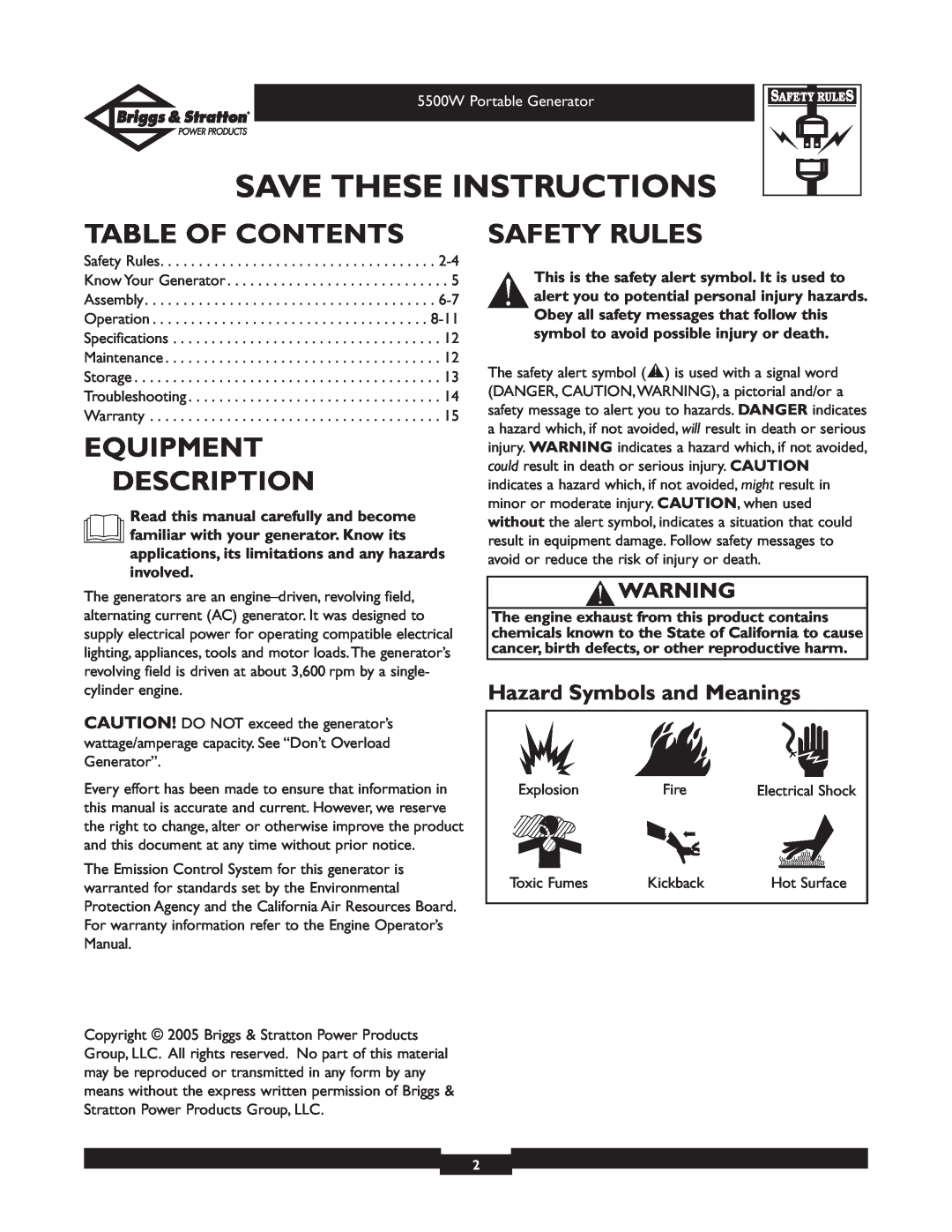 Briggs & Stratton 030209-1 Table Of Contents, Equipment Description, Safety Rules, Hazard Symbols and Meanings 