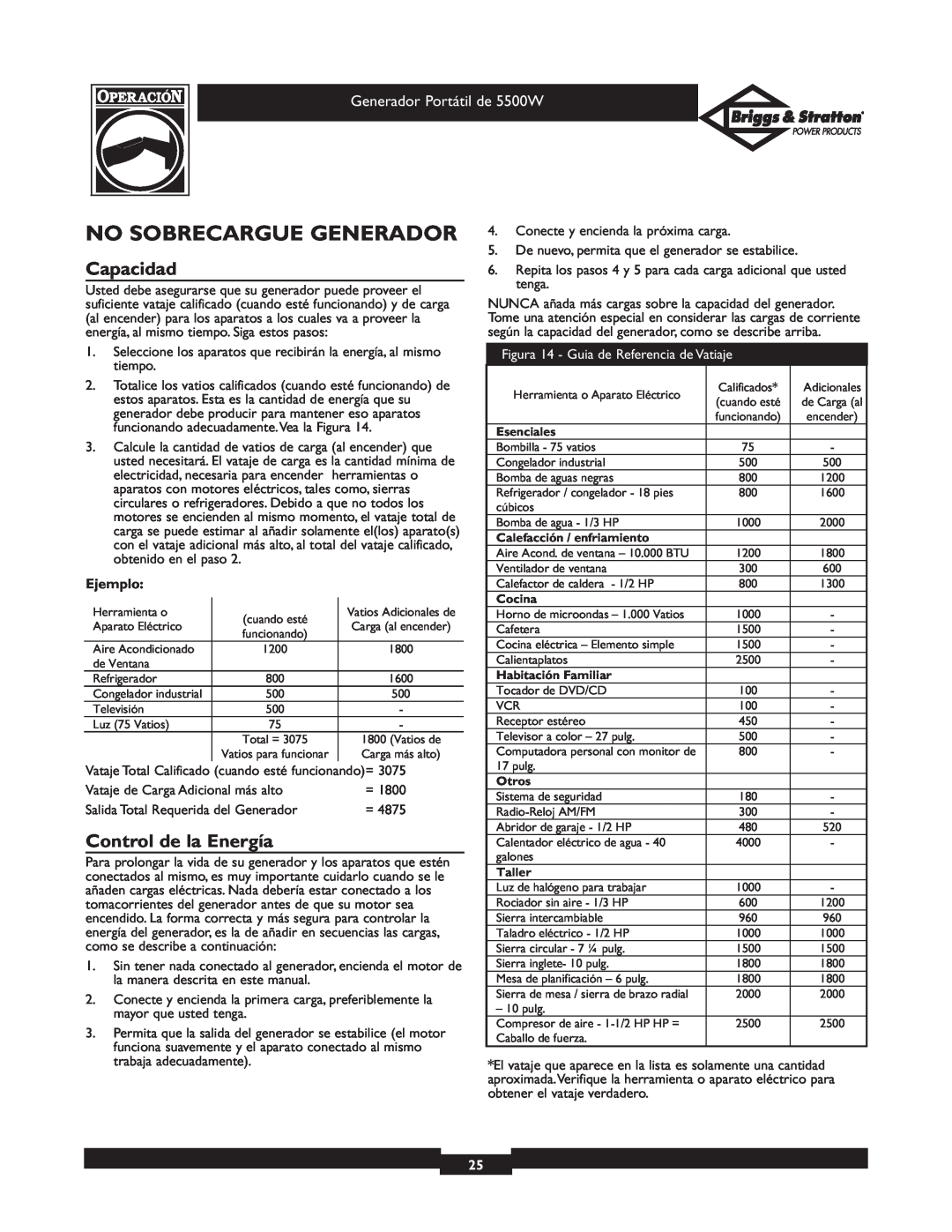 Briggs & Stratton 030209-1 operating instructions No Sobrecargue Generador, Capacidad, Control de la Energía, Ejemplo 