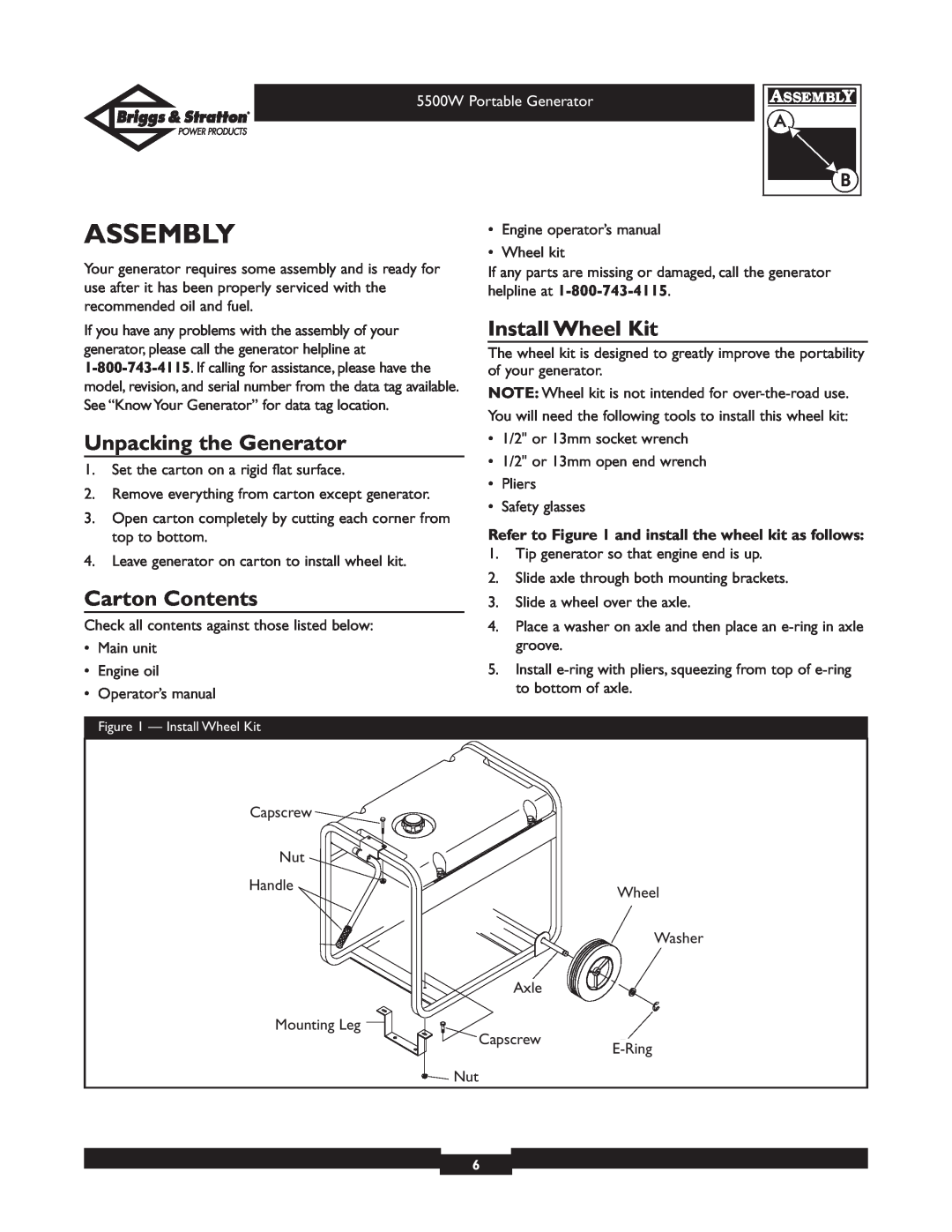 Briggs & Stratton 030209-1 operating instructions Assembly, Unpacking the Generator, Carton Contents, Install Wheel Kit 