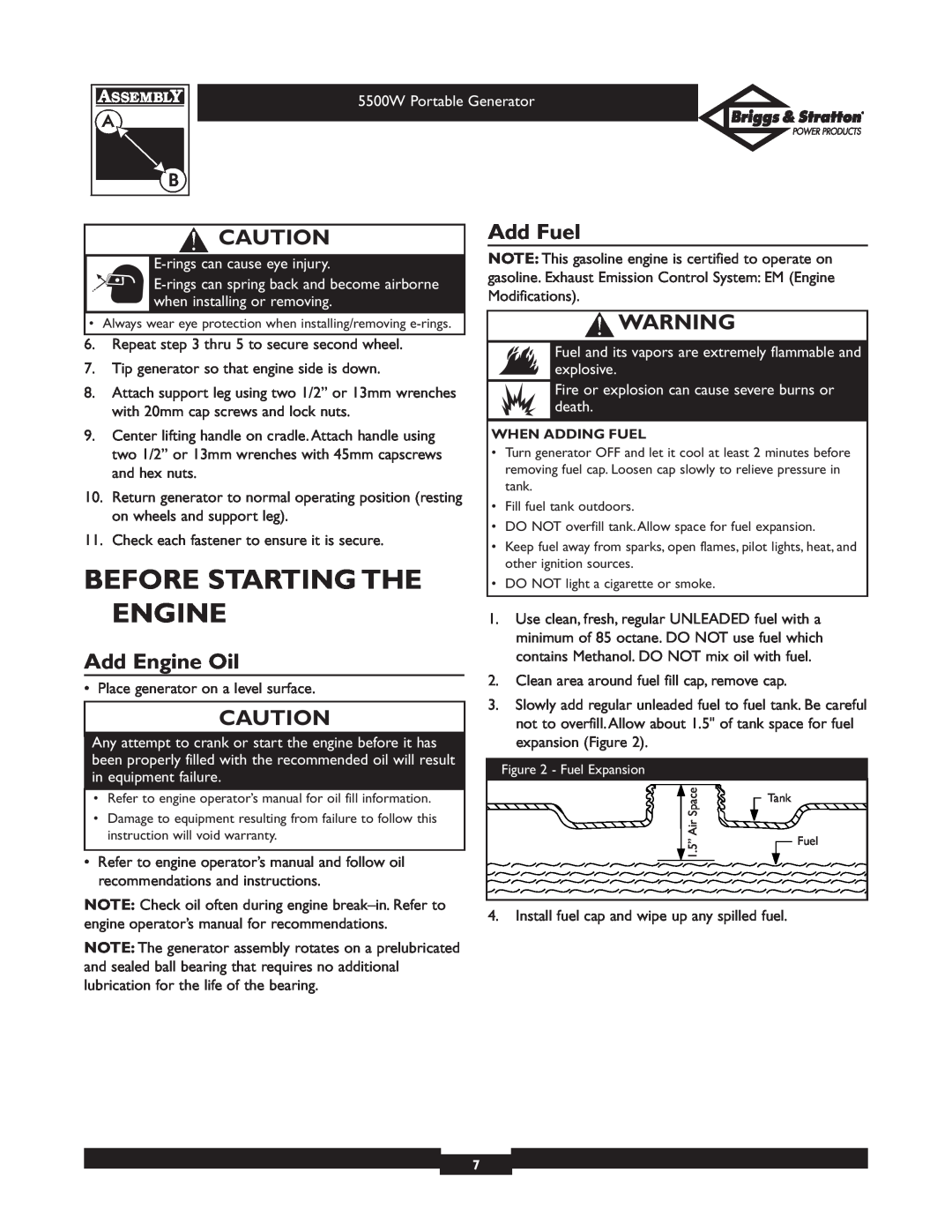 Briggs & Stratton 030209-1 operating instructions Before Starting The Engine, Add Engine Oil, Add Fuel 