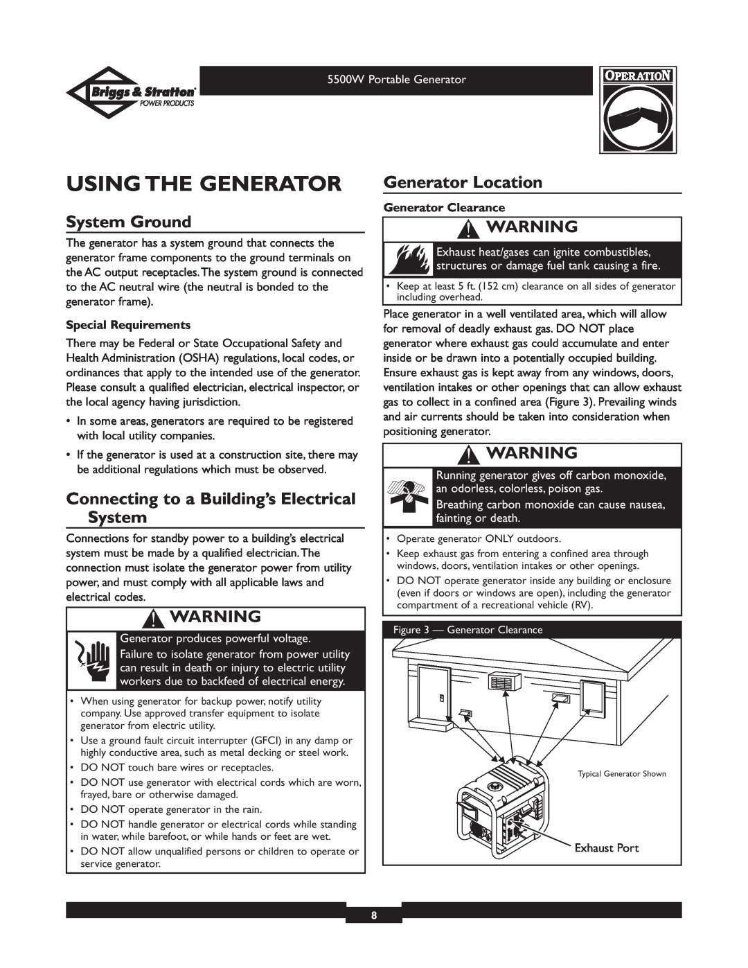 Briggs & Stratton 030209-1 operating instructions Using The Generator, System Ground, Generator Location 