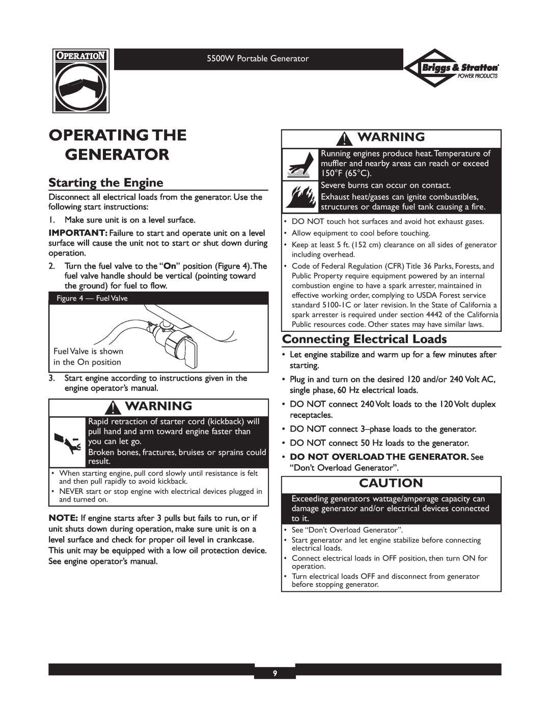 Briggs & Stratton 030209-1 operating instructions Operating The Generator, Starting the Engine, Connecting Electrical Loads 