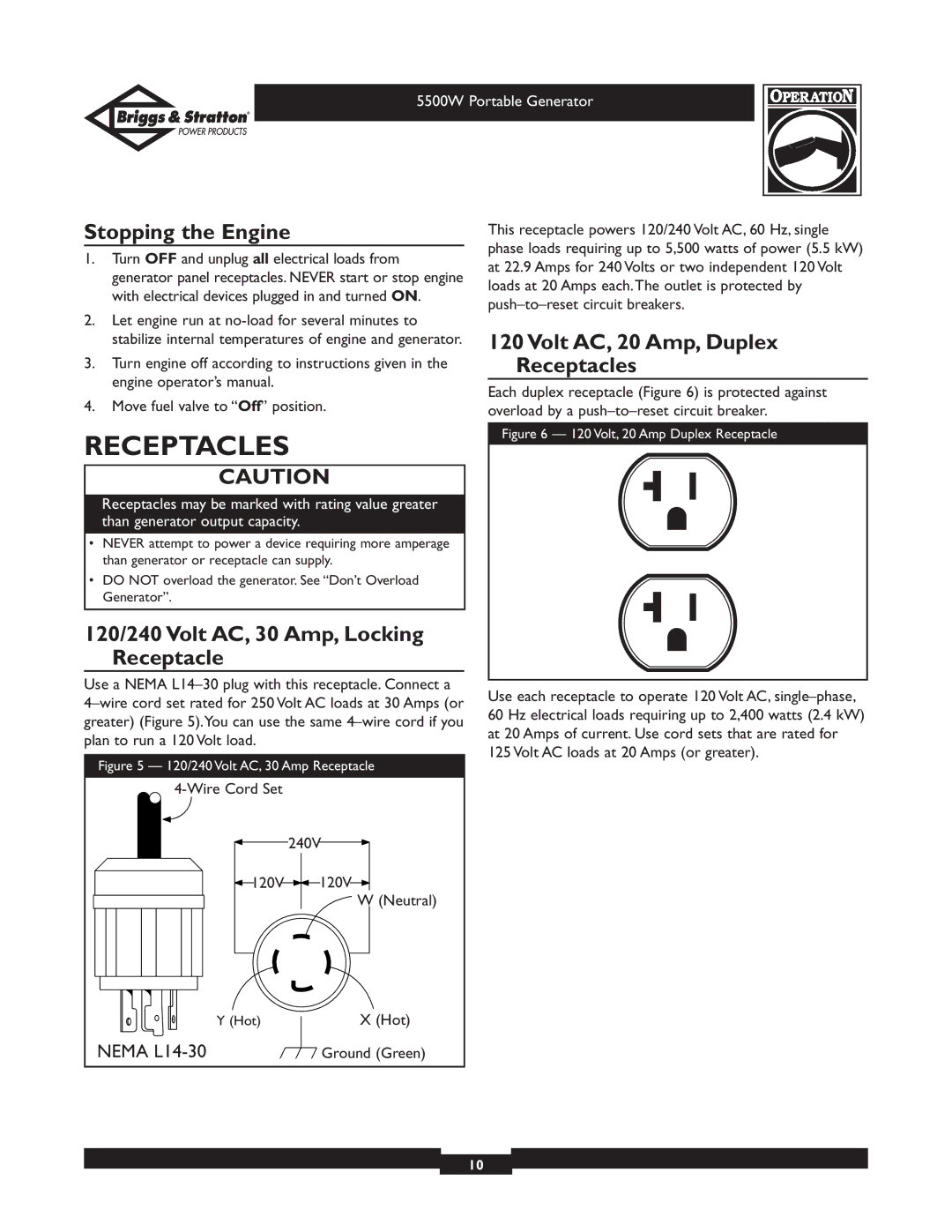 Briggs & Stratton 030209-1 Receptacles, Stopping the Engine, 120/240 Volt AC, 30 Amp, Locking Receptacle 