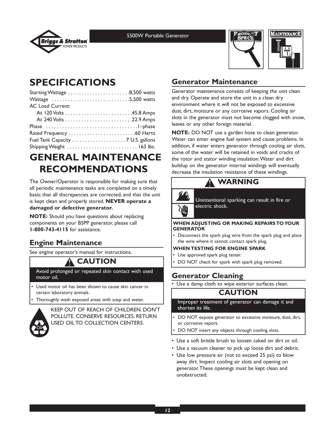 Briggs & Stratton 030209-1 Specifications, General Maintenance Recommendations, Engine Maintenance, Generator Maintenance 