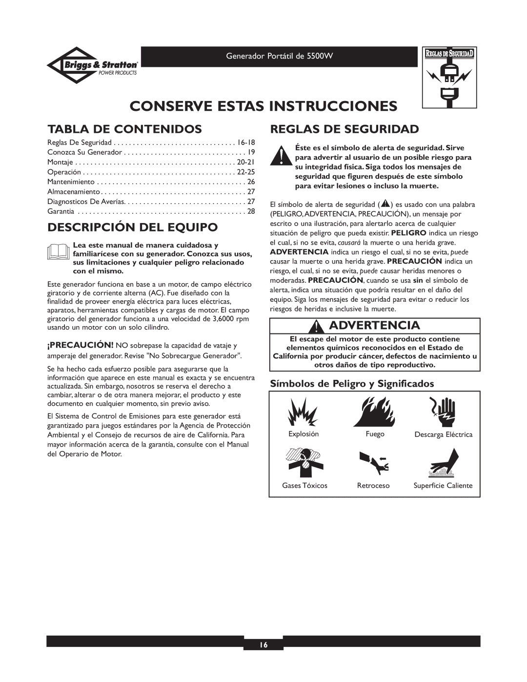 Briggs & Stratton 030209-1 Tabla DE Contenidos, Descripción DEL Equipo, Reglas DE Seguridad, Advertencia 