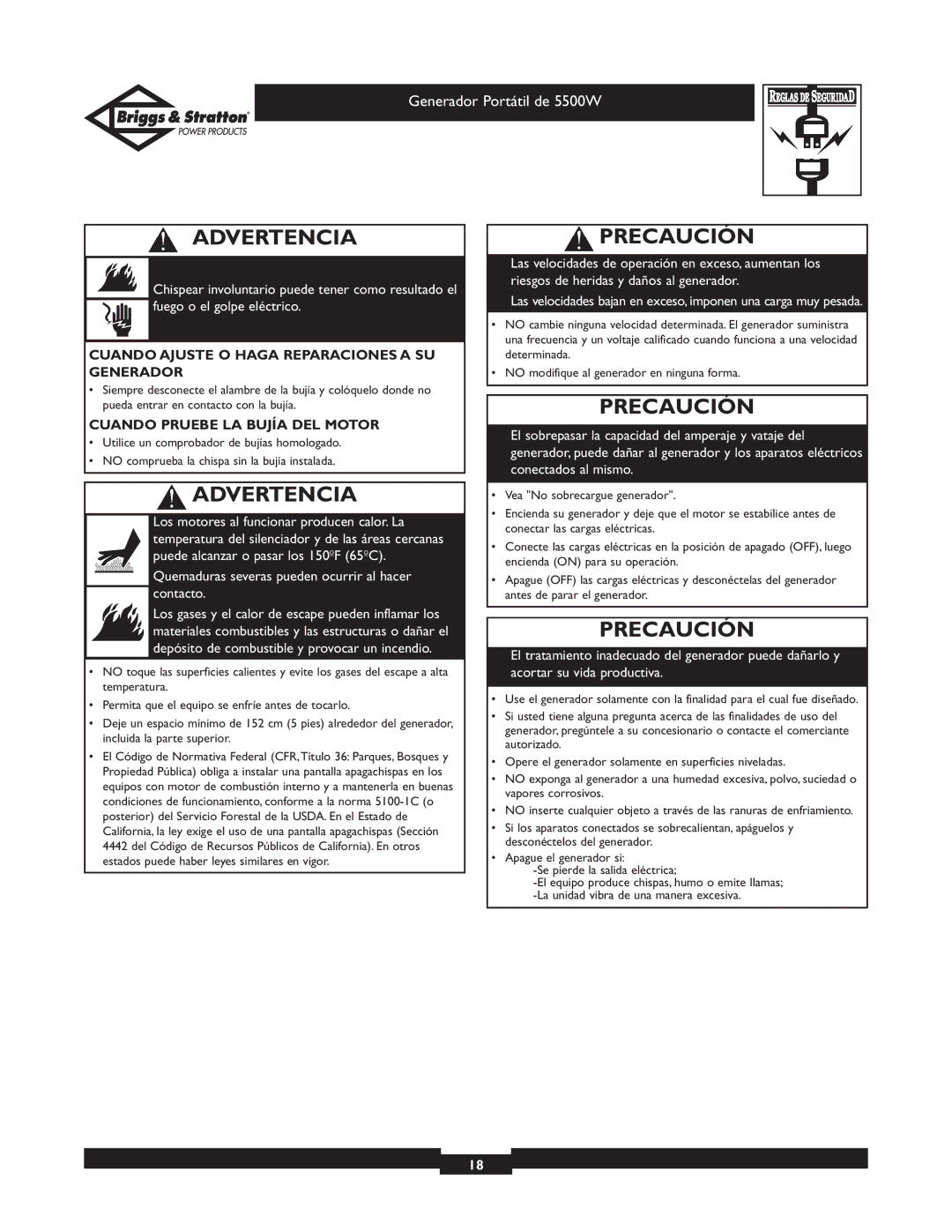 Briggs & Stratton 030209-1 Precaución, Cuando Ajuste O Haga Reparaciones a SU Generador, Cuando Pruebe LA Bujía DEL Motor 