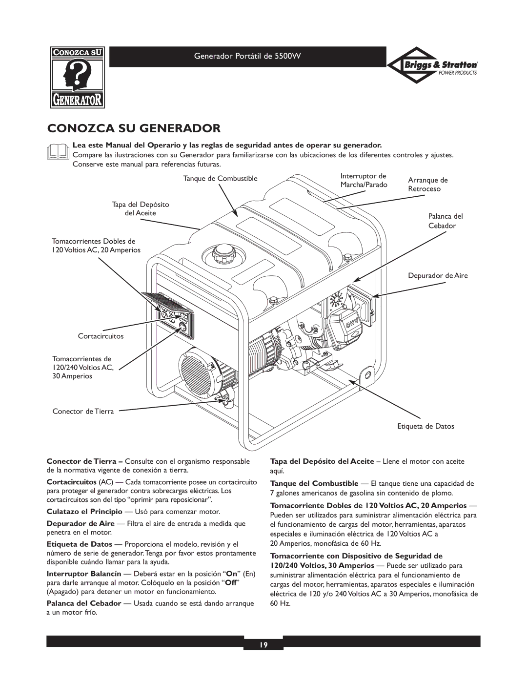 Briggs & Stratton 030209-1 Conozca SU Generador, Tapa del Depósito del Aceite Llene el motor con aceite 