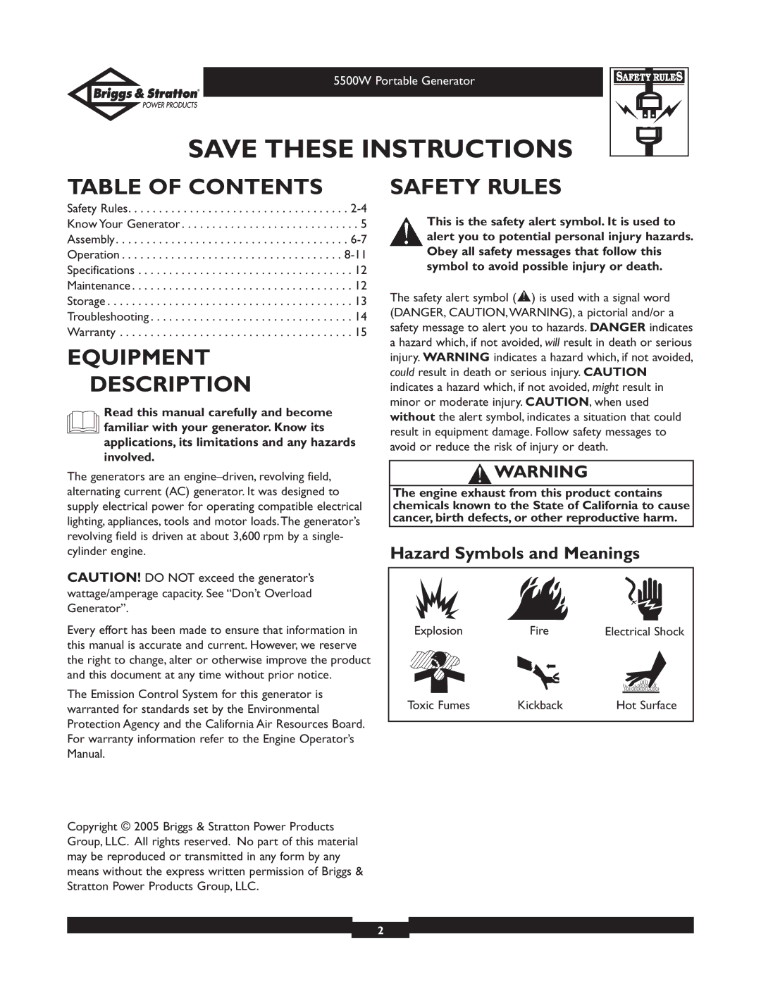 Briggs & Stratton 030209-1 operating instructions Table of Contents, Equipment Description, Safety Rules 