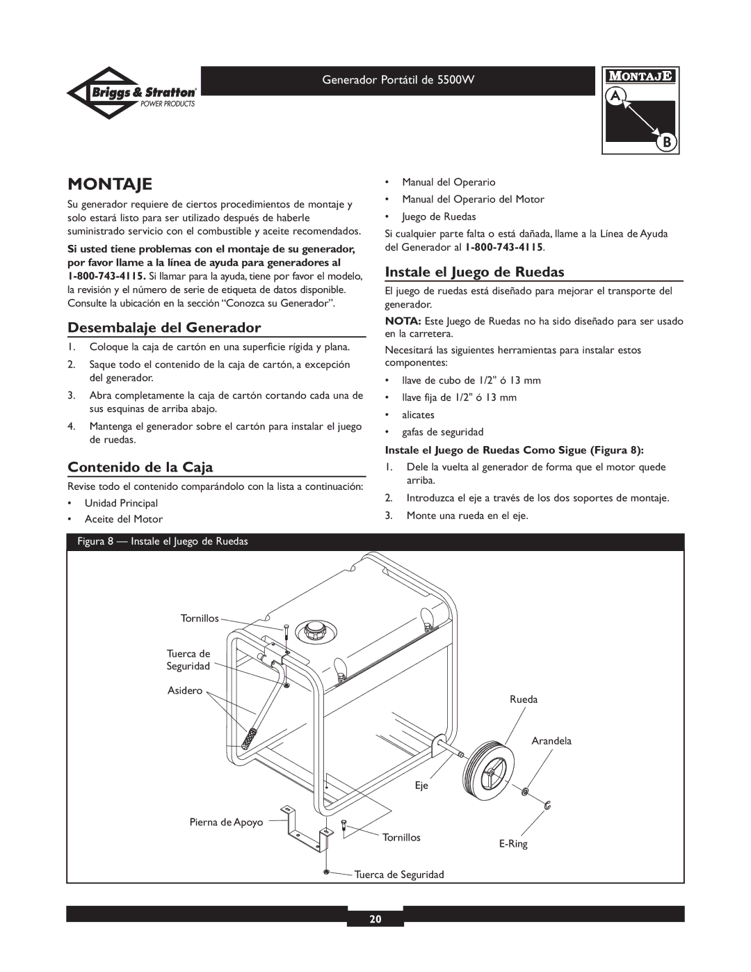 Briggs & Stratton 030209-1 Montaje, Desembalaje del Generador, Instale el Juego de Ruedas, Contenido de la Caja 