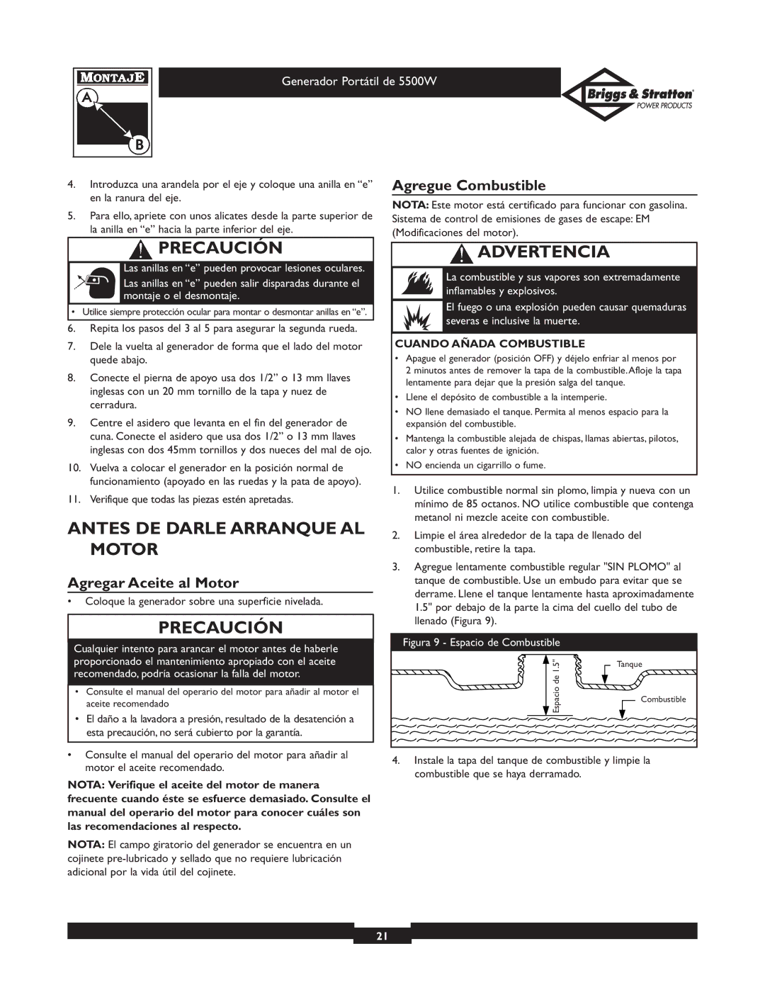 Briggs & Stratton 030209-1 Antes DE Darle Arranque AL Motor, Agregue Combustible, Agregar Aceite al Motor 