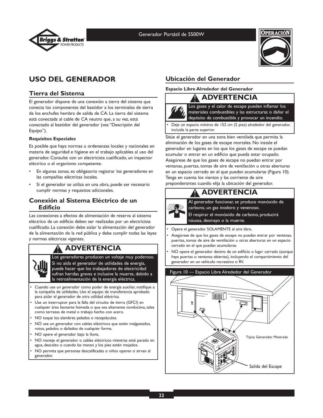 Briggs & Stratton 030209-1 USO DEL Generador, Tierra del Sistema, Conexión al Sistema Eléctrico de un Edificio 