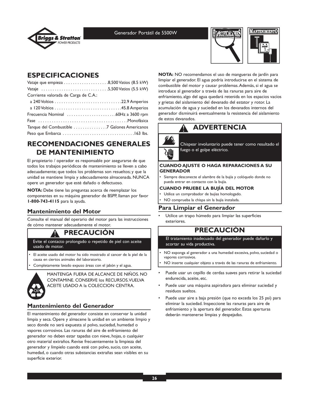 Briggs & Stratton 030209-1 Especificaciones, Recomendaciones Generales DE Mantenimiento, Mantenimiento del Motor 