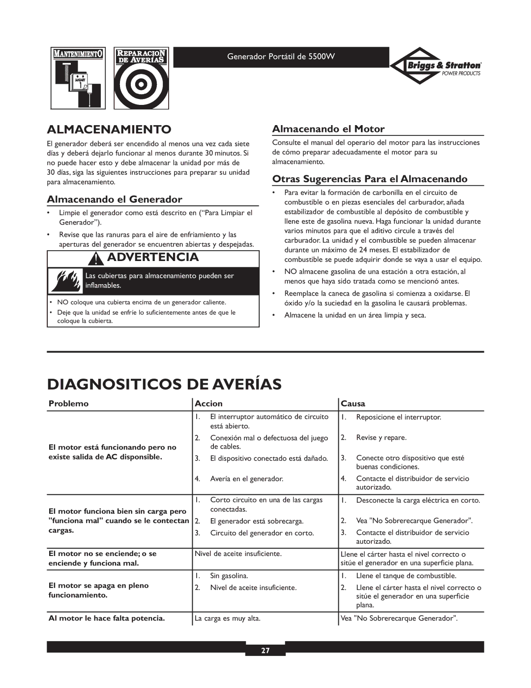 Briggs & Stratton 030209-1 Diagnositicos DE Averías, Almacenamiento, Almacenando el Generador, Almacenando el Motor 