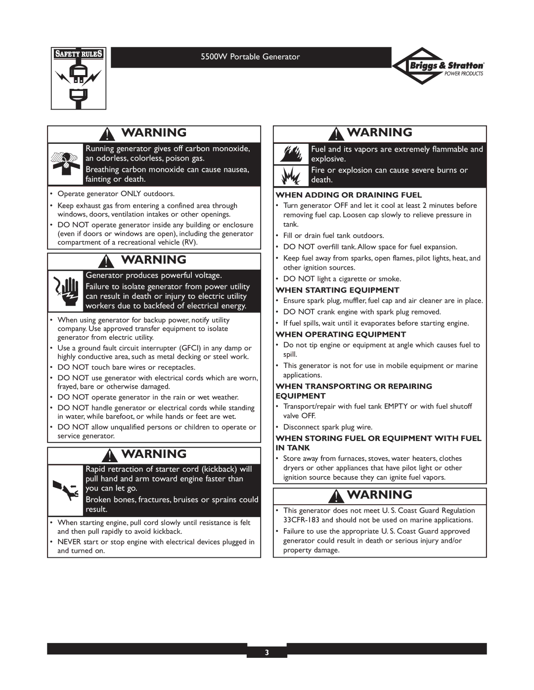 Briggs & Stratton 030209-1 When Adding or Draining Fuel, When Starting Equipment, When Operating Equipment 