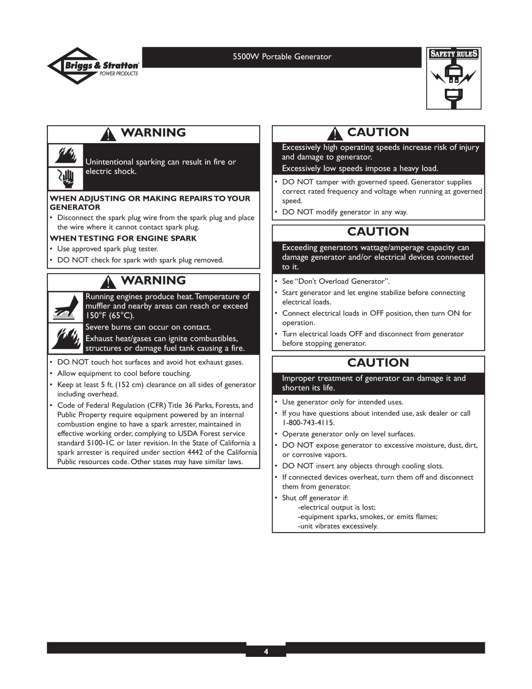 Briggs & Stratton 030209-1 When Adjusting or Making Repairs to Your Generator, When Testing for Engine Spark 