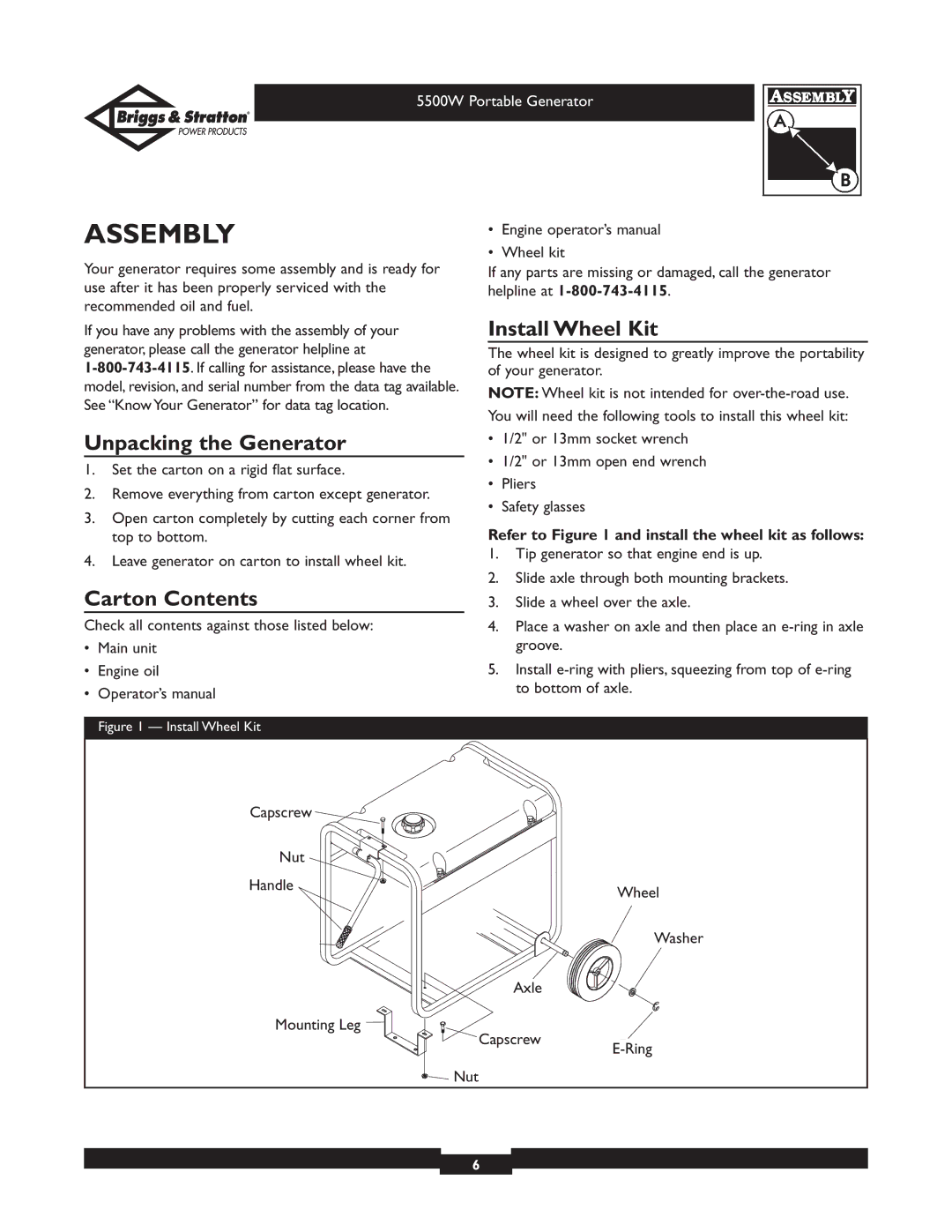 Briggs & Stratton 030209-1 operating instructions Assembly, Unpacking the Generator, Carton Contents, Install Wheel Kit 