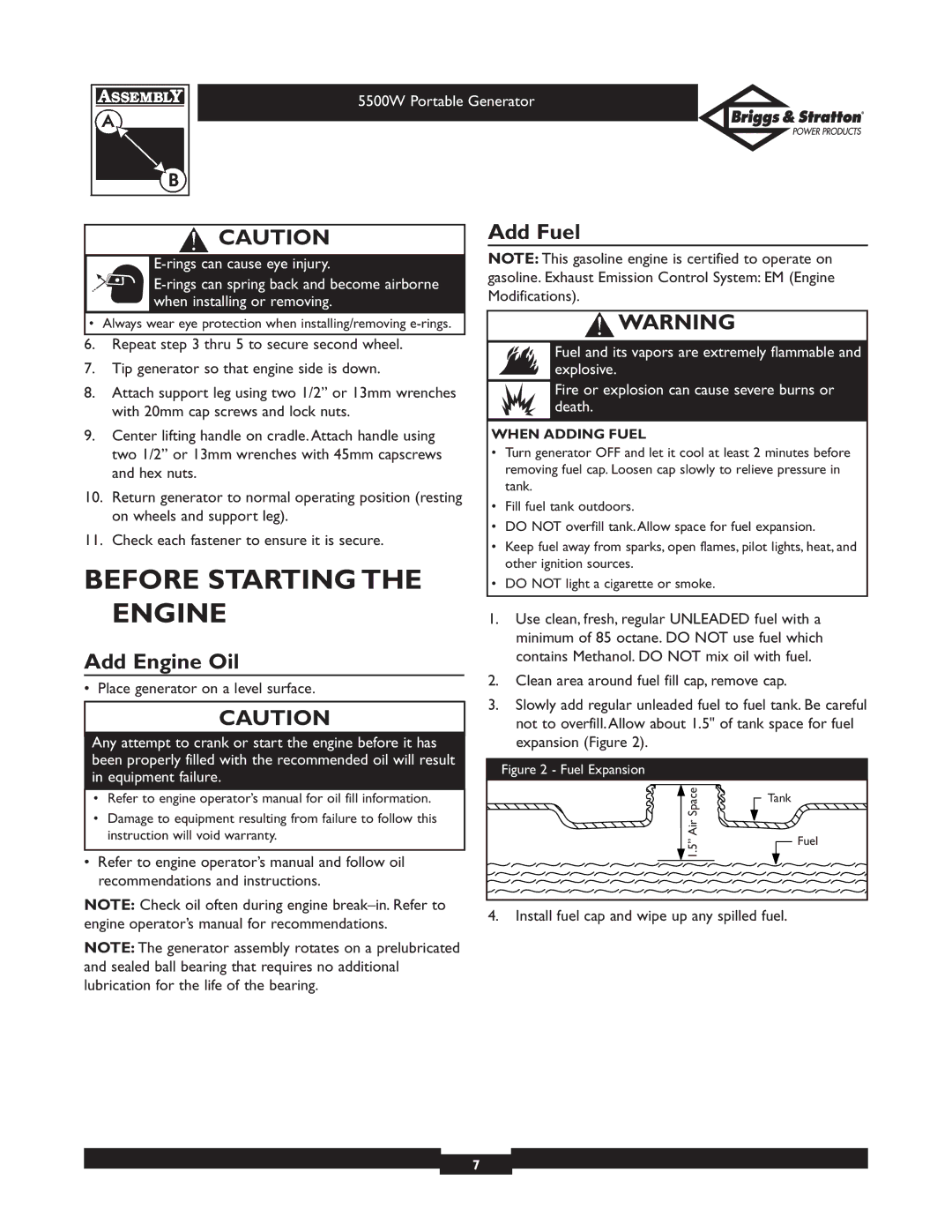 Briggs & Stratton 030209-1 operating instructions Before Starting the Engine, Add Engine Oil, Add Fuel, When Adding Fuel 