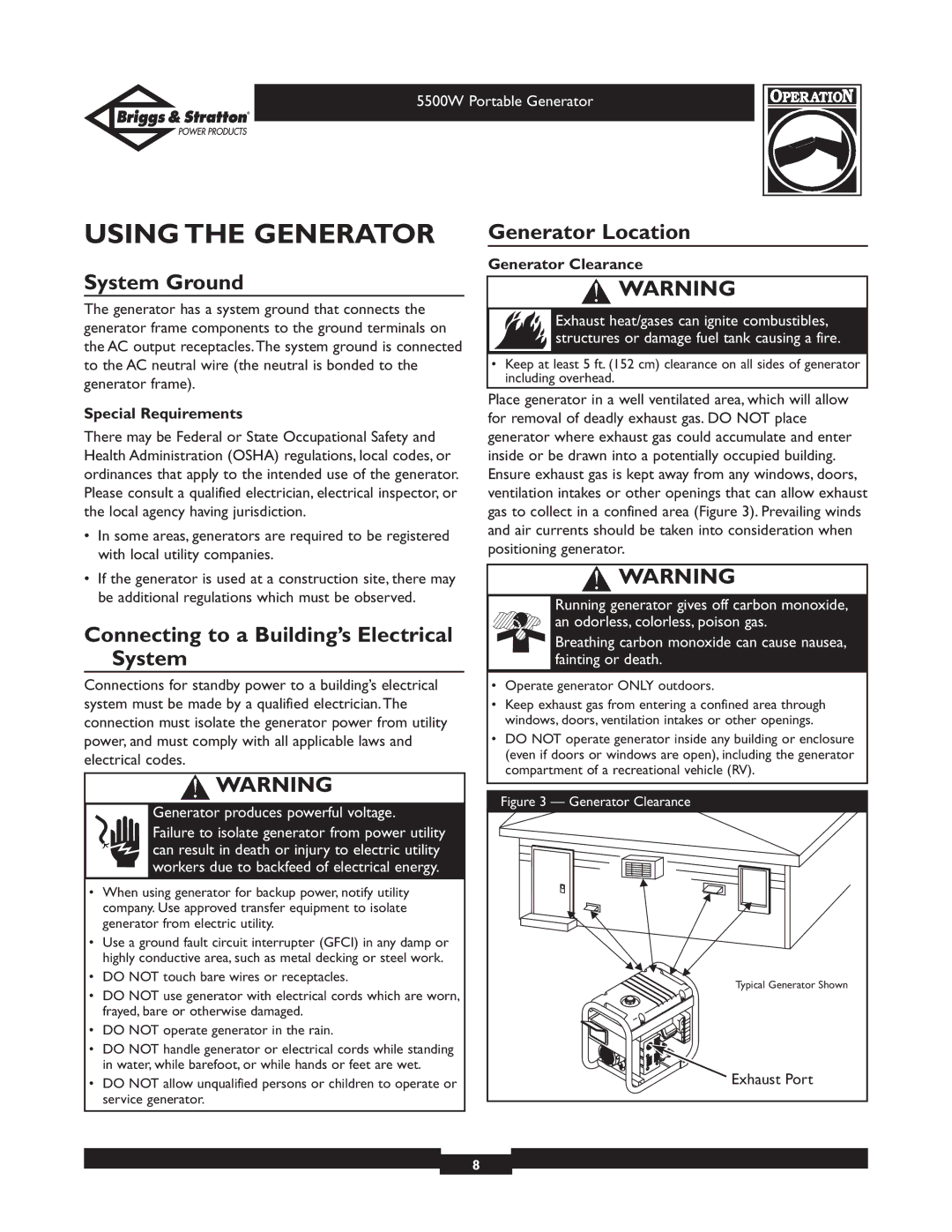 Briggs & Stratton 030209-1 operating instructions Using the Generator, System Ground, Generator Location 