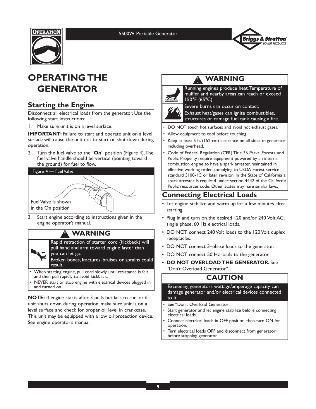 Briggs & Stratton 030209-1 operating instructions Operating Generator, Starting the Engine, Connecting Electrical Loads 