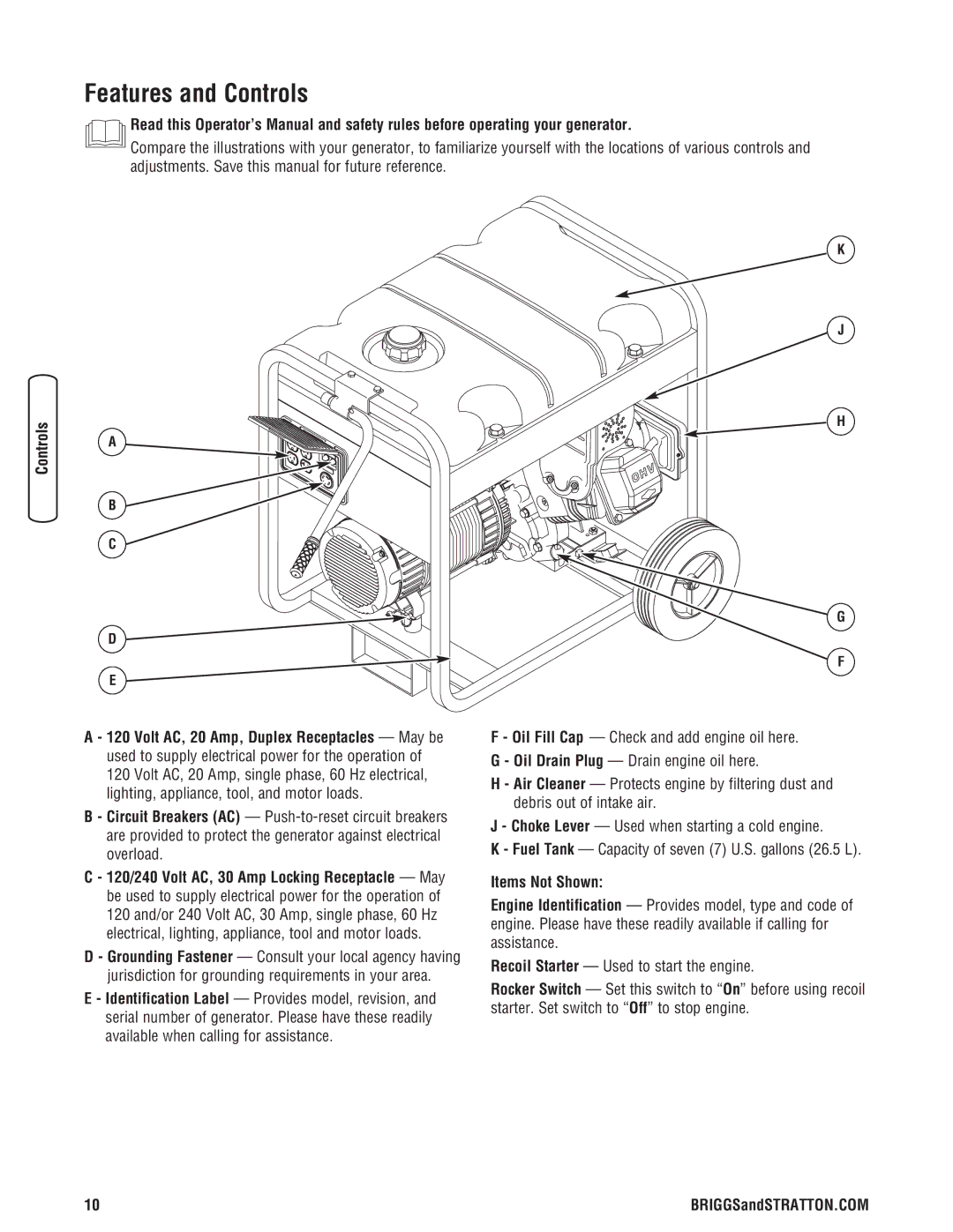 Briggs & Stratton 030209-2 manual Features and Controls, Volt AC, 20 Amp, Duplex Receptacles May be, Items Not Shown 