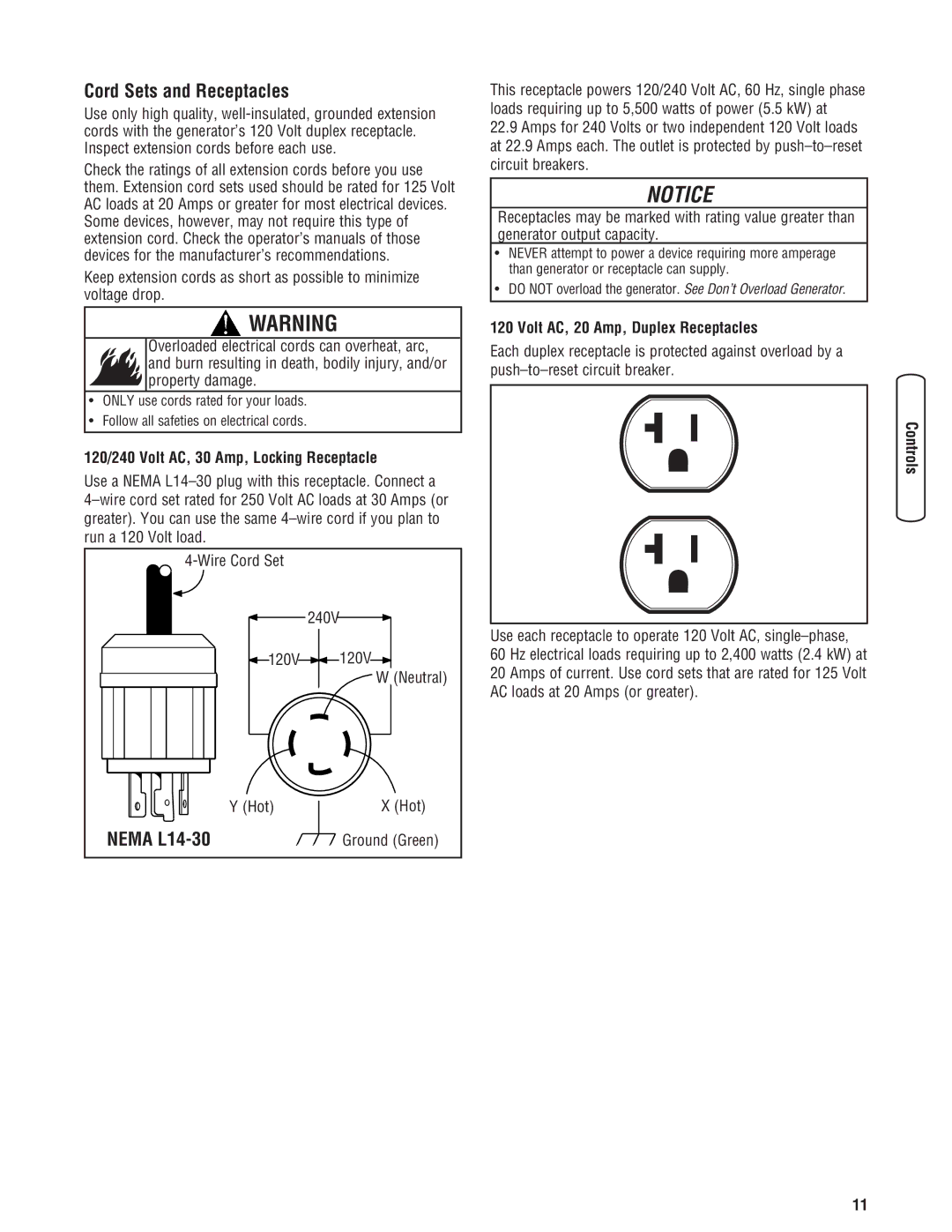 Briggs & Stratton 030209-2 manual Cord Sets and Receptacles, Nema L14-30, 120/240 Volt AC, 30 Amp, Locking Receptacle 