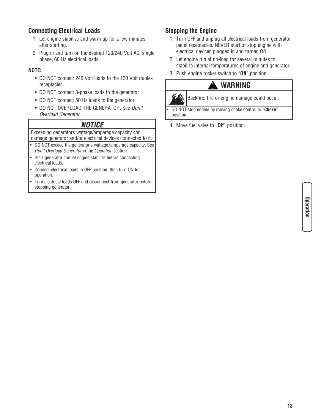 Briggs & Stratton 030209-2 manual Connecting Electrical Loads, Stopping the Engine, Move fuel valve to Off position 