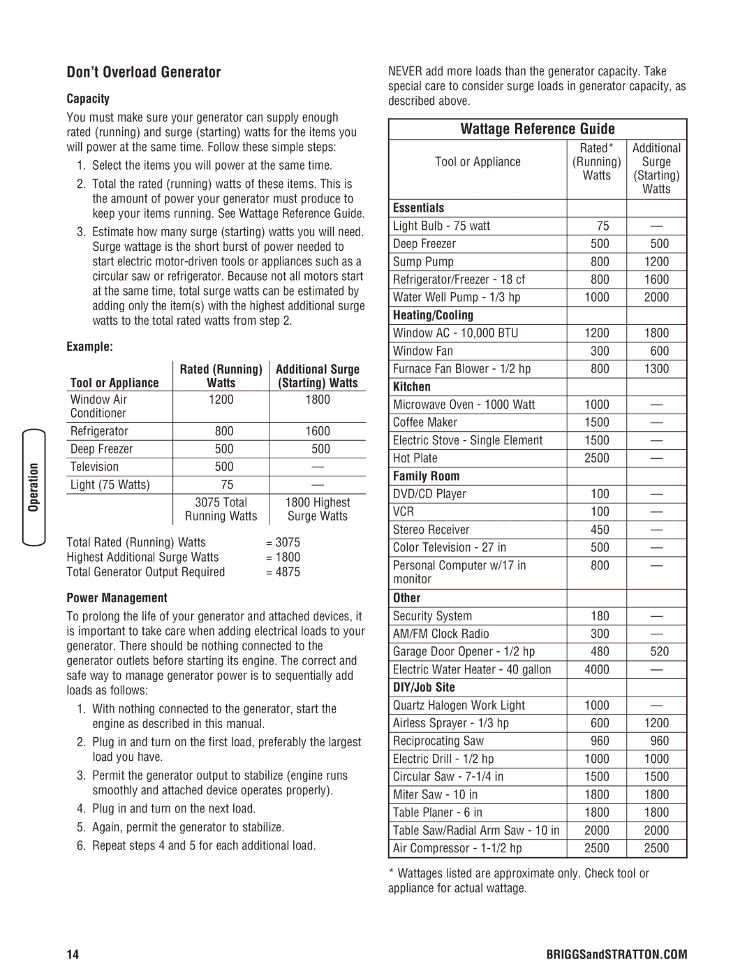 Briggs & Stratton 030209-2 manual Don’t Overload Generator, Wattage Reference Guide 