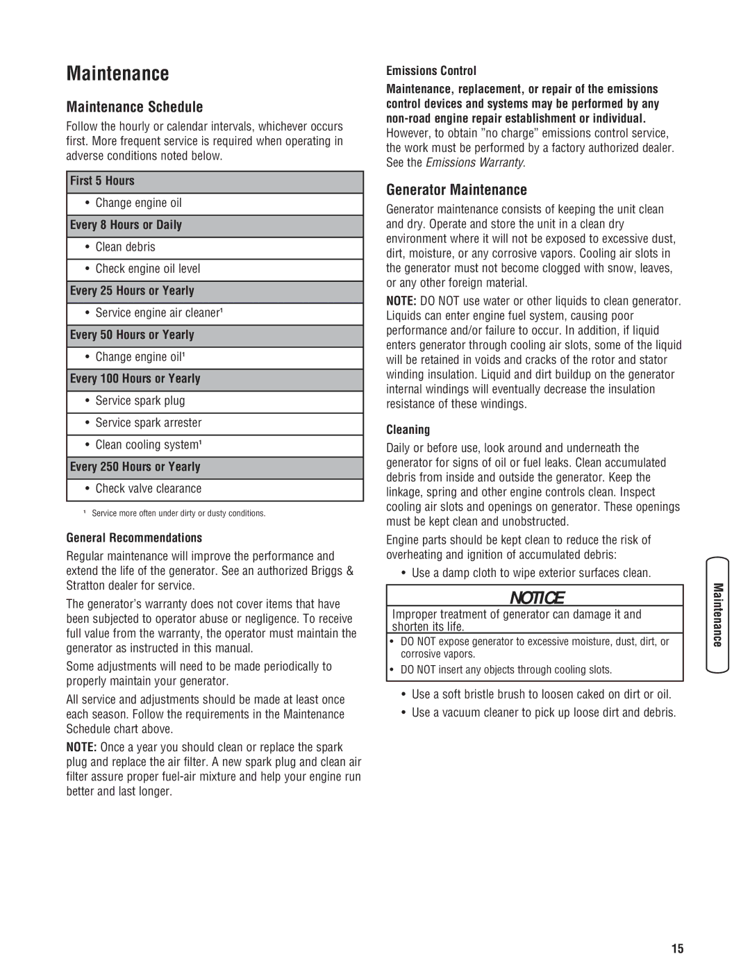 Briggs & Stratton 030209-2 manual Maintenance Schedule, Generator Maintenance 