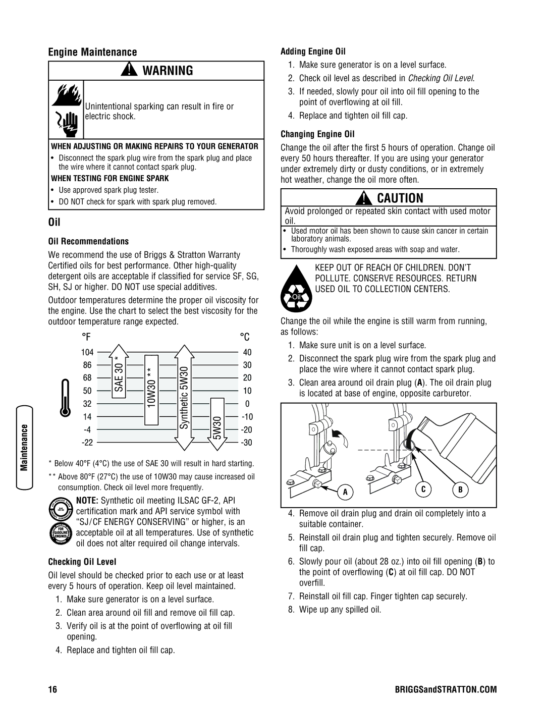 Briggs & Stratton 030209-2 manual Engine Maintenance, Oil 