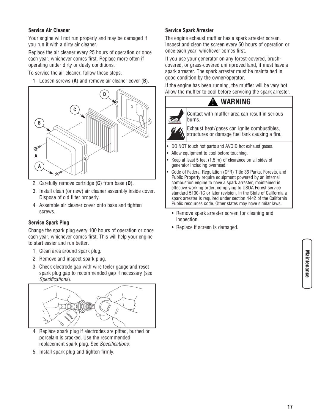 Briggs & Stratton 030209-2 manual Service Air Cleaner, Carefully remove cartridge C from base D, Service Spark Plug 