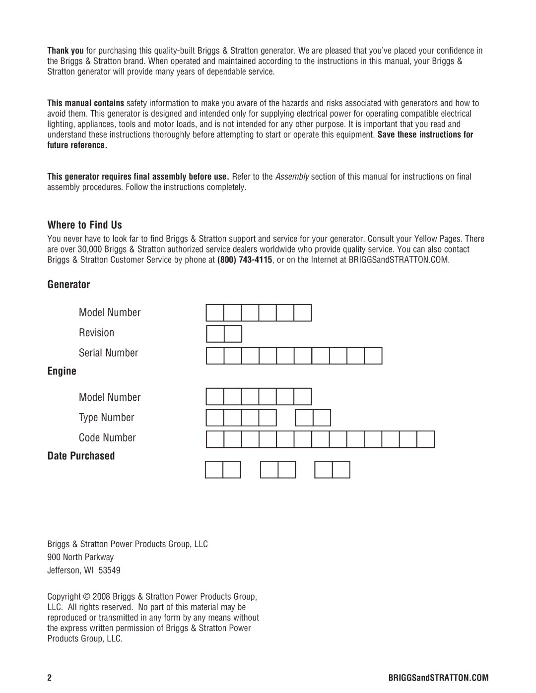 Briggs & Stratton 030209-2 manual Where to Find Us, Generator, Engine, Date Purchased 