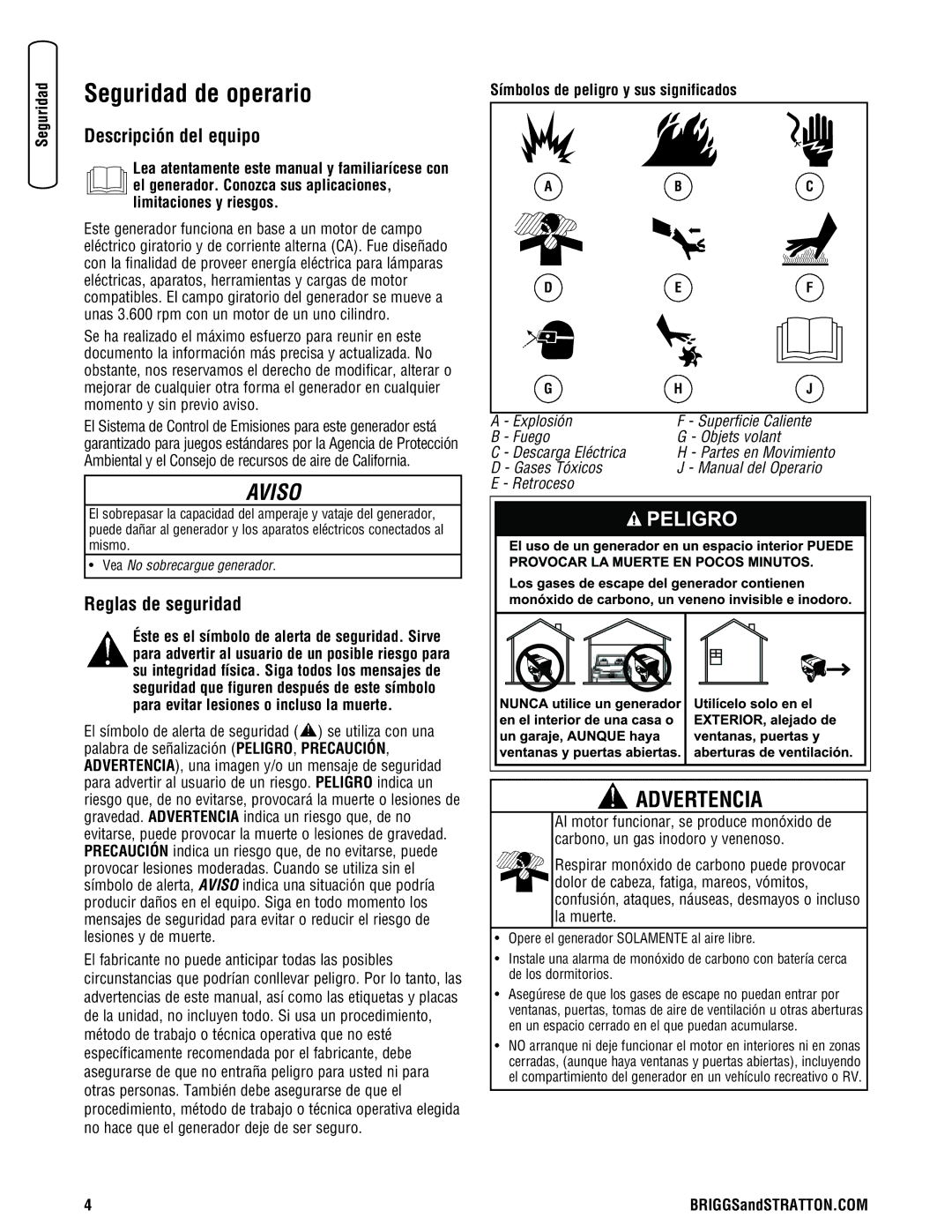 Briggs & Stratton 030209-2 manual Seguridad de operario, Descripción del equipo, Reglas de seguridad 