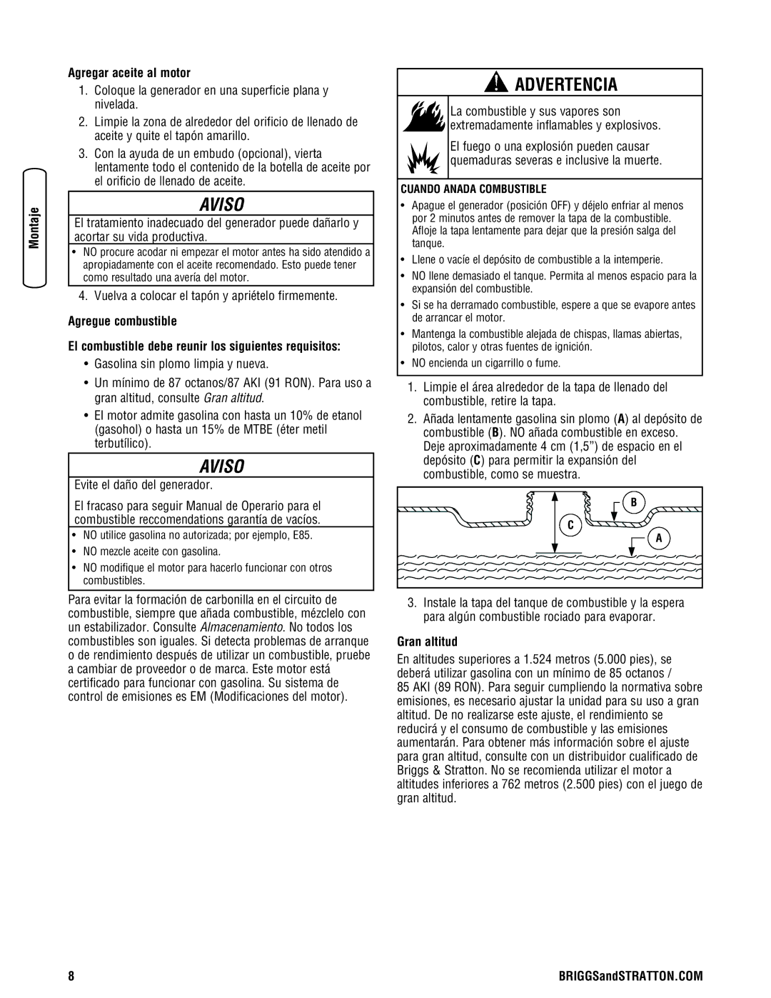 Briggs & Stratton 030209-2 manual Agregar aceite al motor, Vuelva a colocar el tapón y apriételo firmemente, Gran altitud 