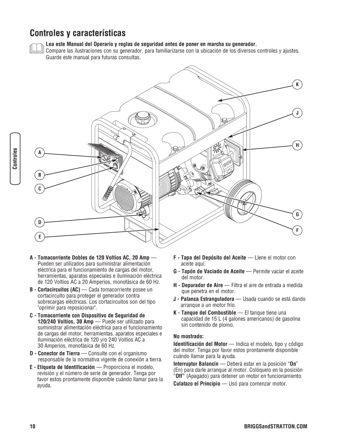 Briggs & Stratton 030209-2 manual Controles y características, Amperios, monofásica de 60 Hz 