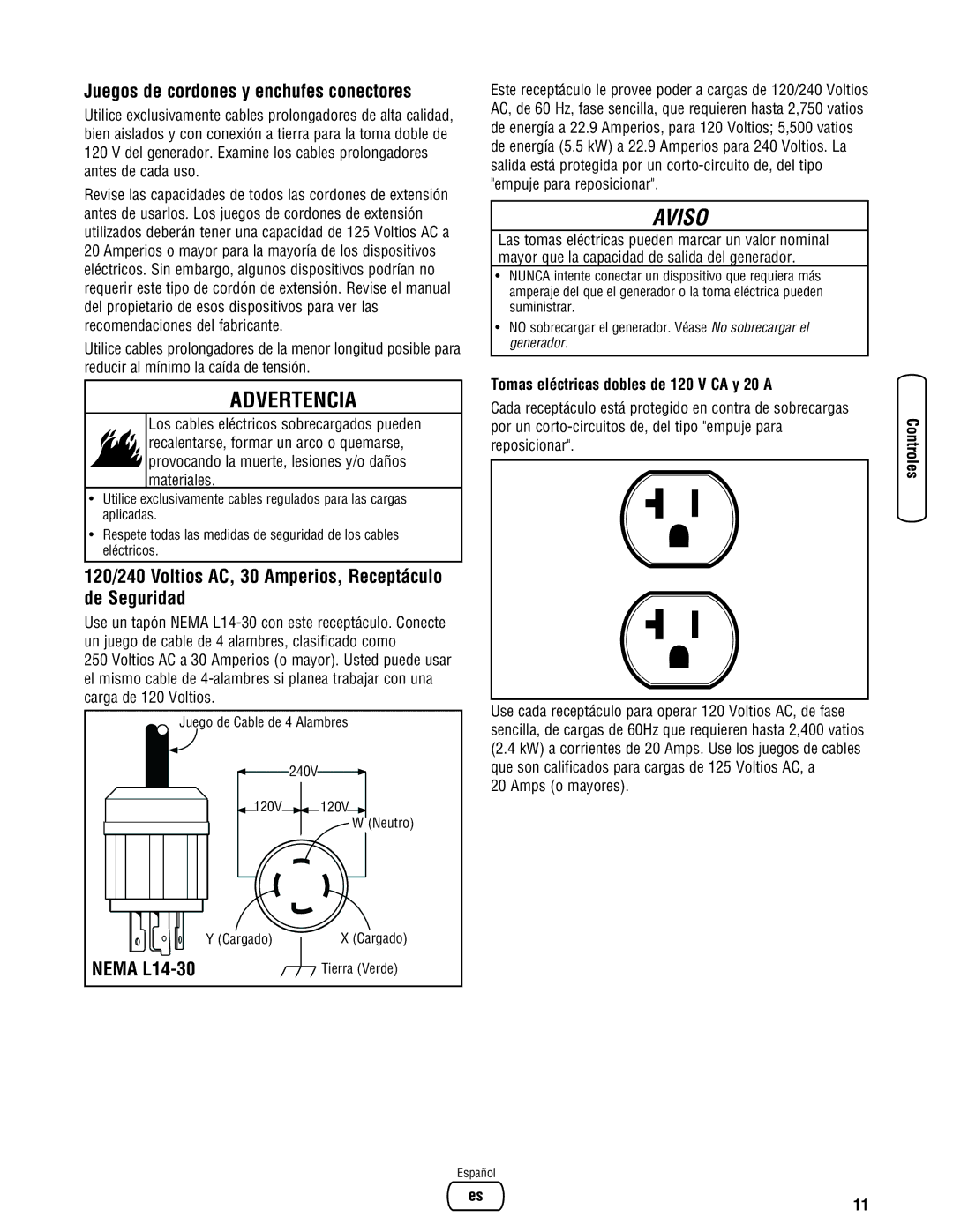 Briggs & Stratton 030209-2 manual Juegos de cordones y enchufes conectores, Tomas eléctricas dobles de 120 V CA y 20 a 