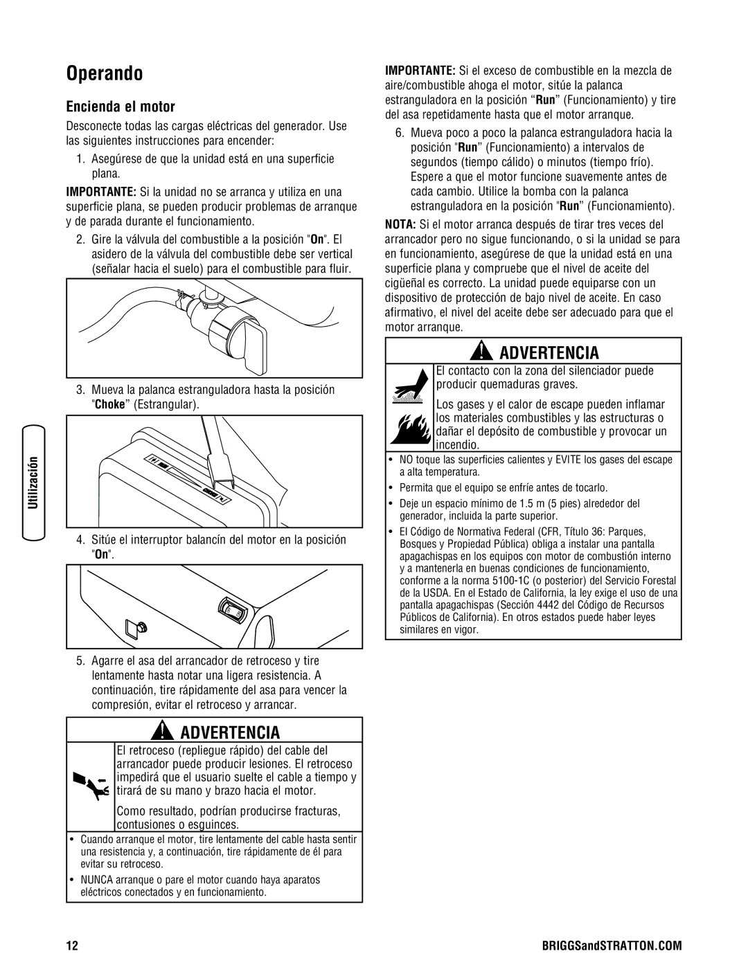 Briggs & Stratton 030209-2 manual Operando, Encienda el motor 