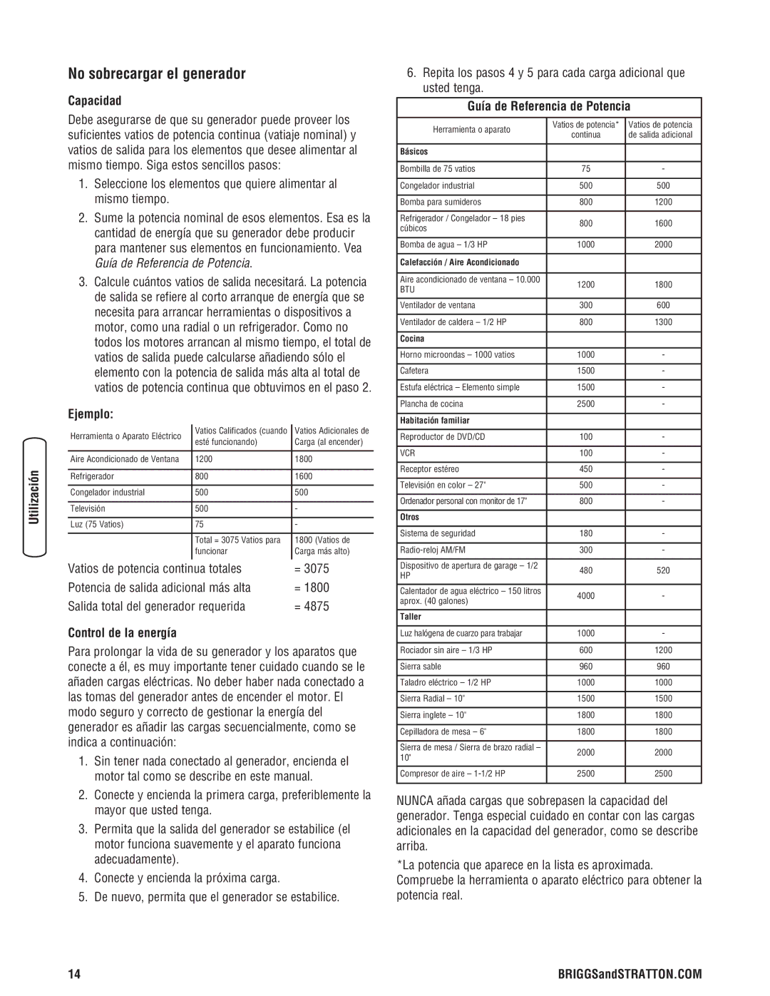 Briggs & Stratton 030209-2 manual No sobrecargar el generador, Capacidad, Ejemplo, Control de la energía 