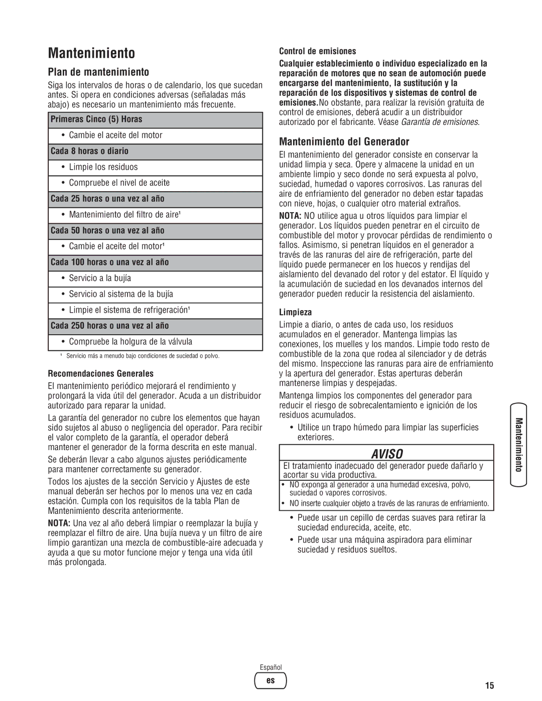 Briggs & Stratton 030209-2 manual Plan de mantenimiento, Mantenimiento del Generador 